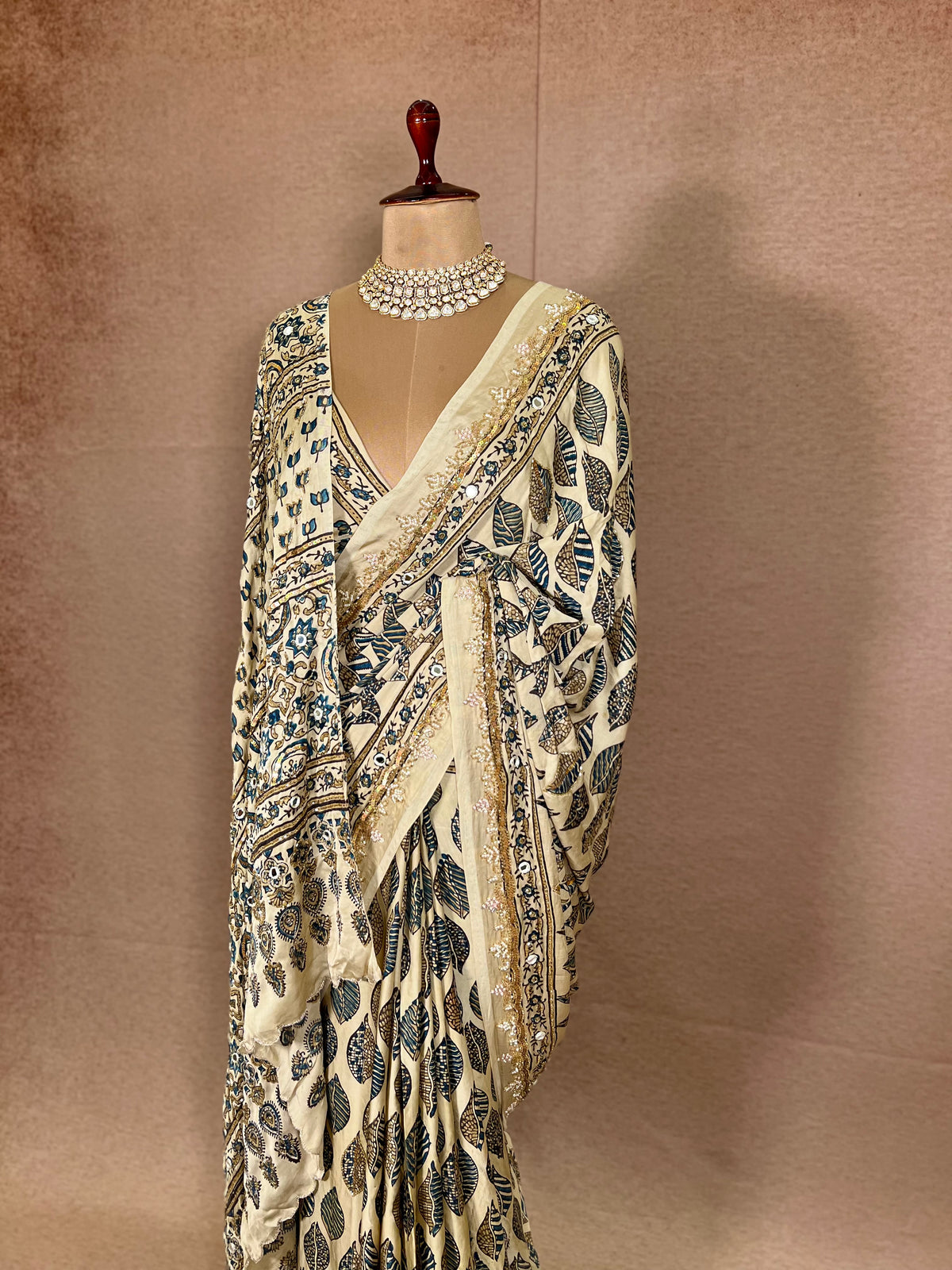 IVORY DREAMSCAPE - Pure Modal Ajrakh Hand Embroidered Saree