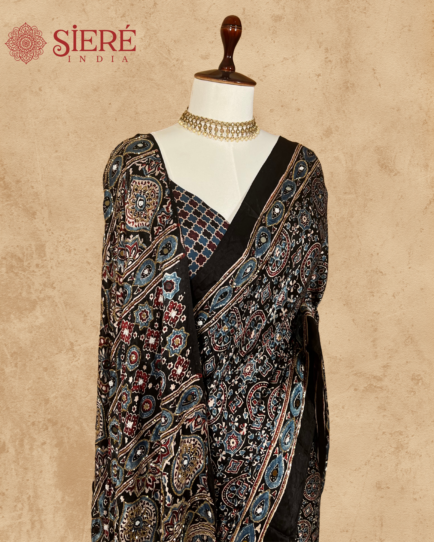 Black and Blue Pure Modal Ajrakh Hand Embroidered Saree