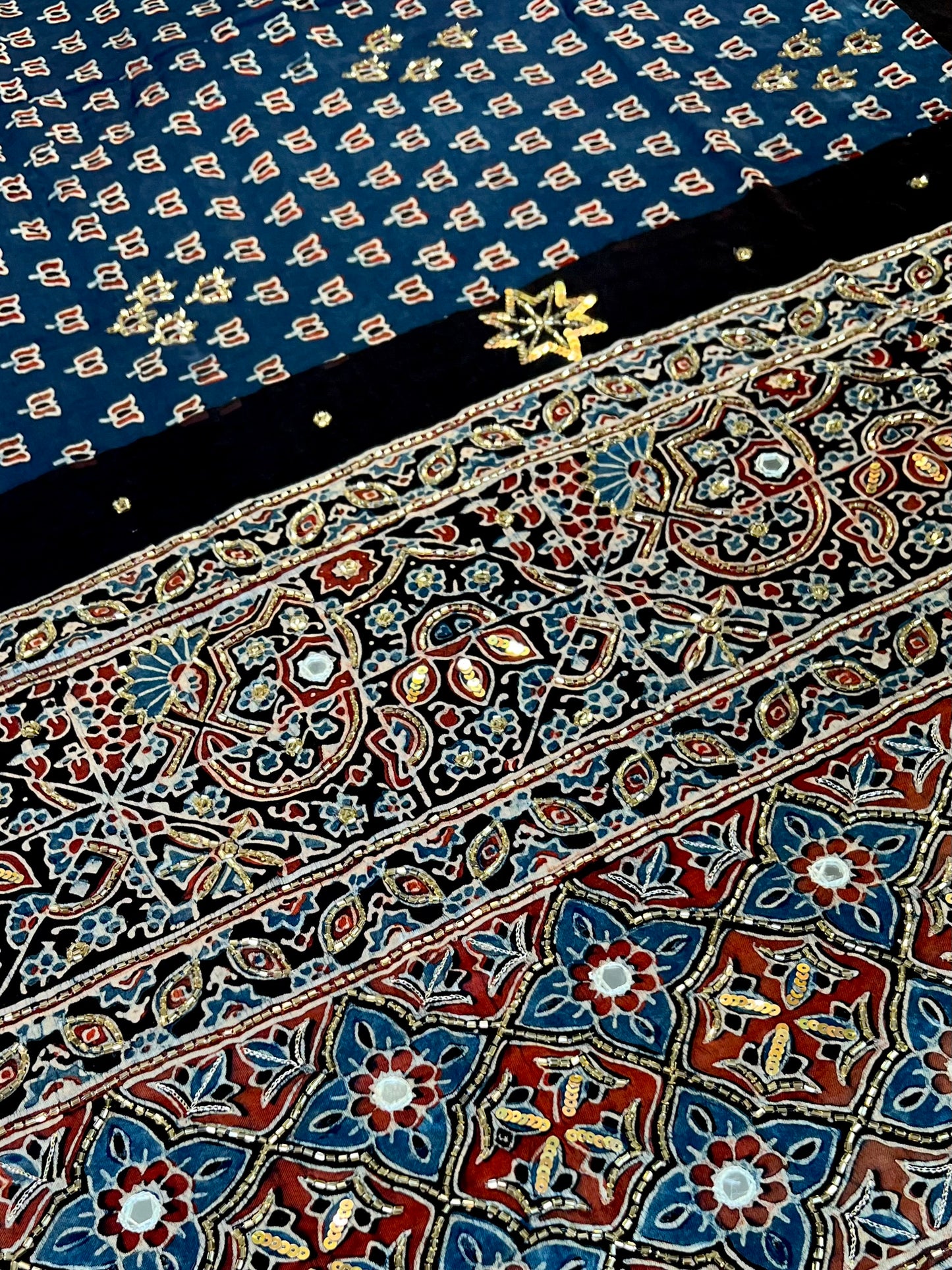 COBALT BLOOM - Pure Modal Ajrakh Hand Embroidered Saree