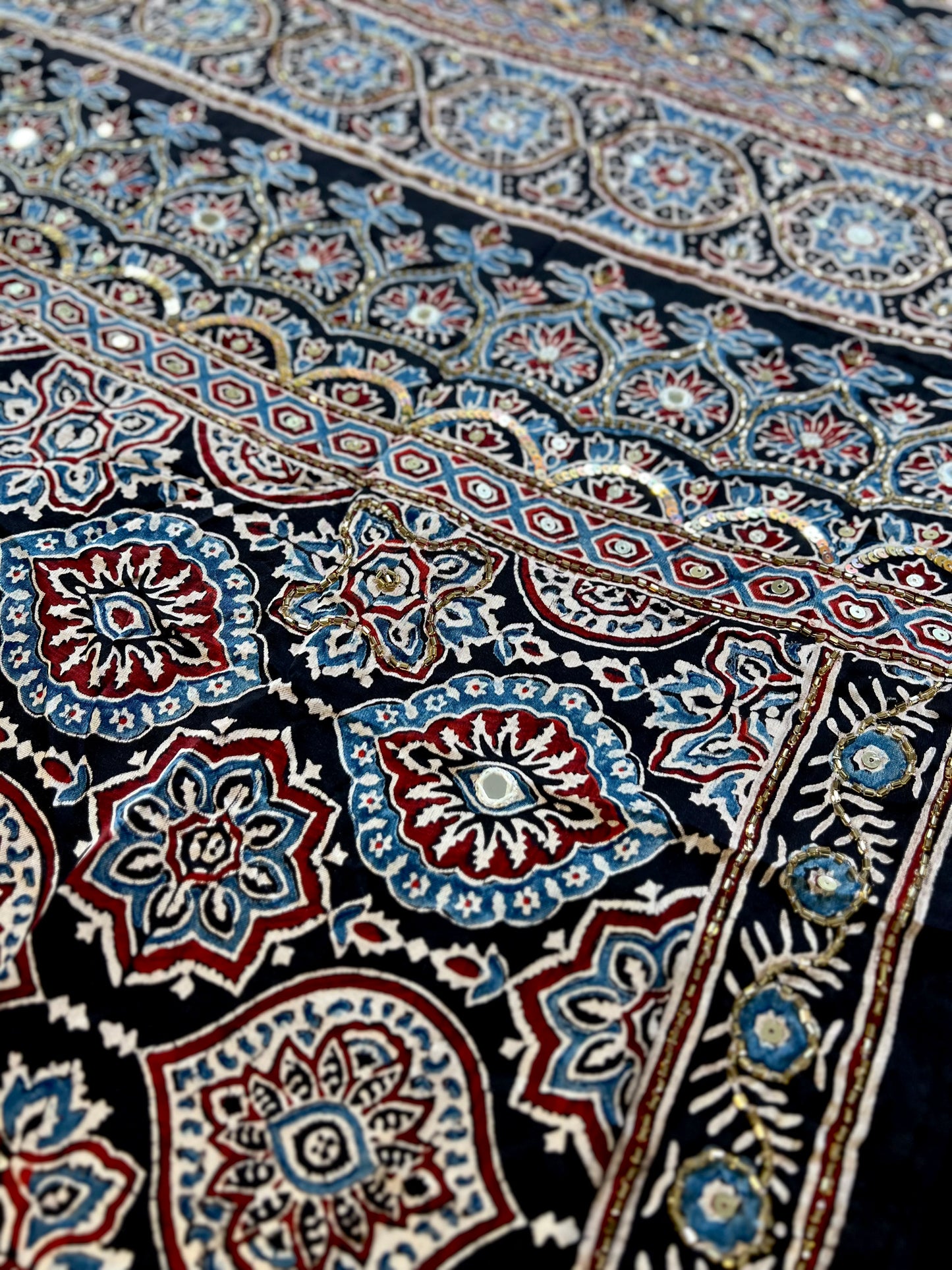MIDNIGHT BLOOM - Pure Modal Ajrakh Hand Embroidered Saree