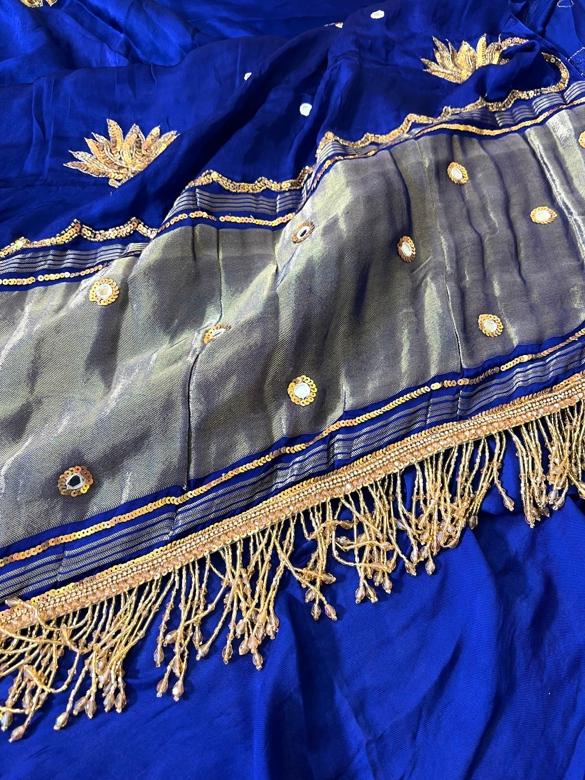 SAPPHIRE LOTUS - Pure Modal Hand Embroidered Saree with Tassels