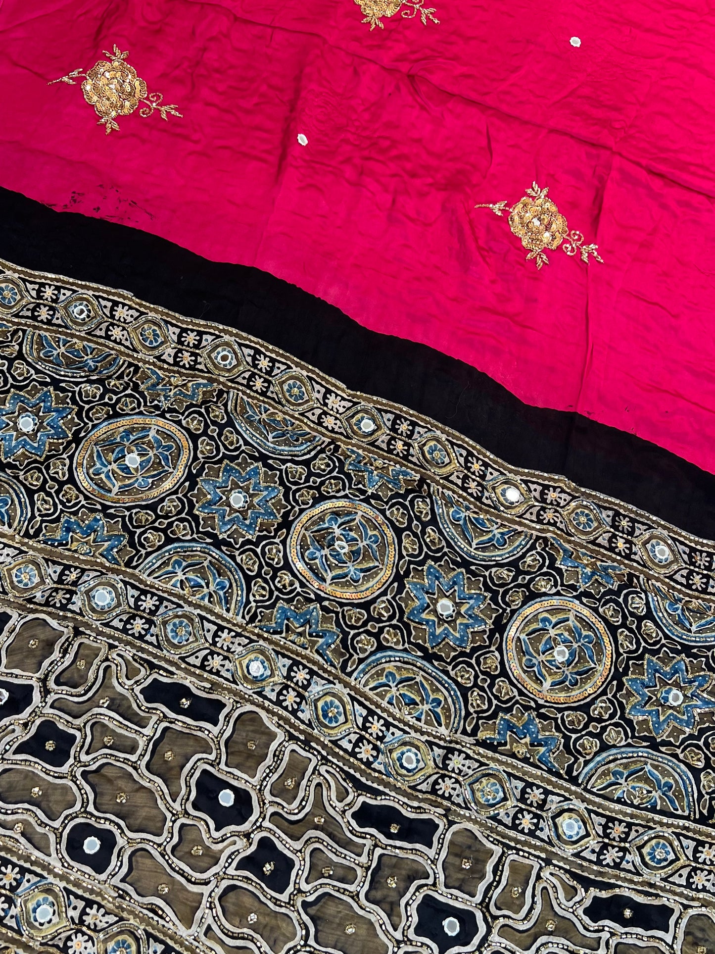 CHERRY ROSE - Pure Modal Ajrakh Hand Embroidered Saree