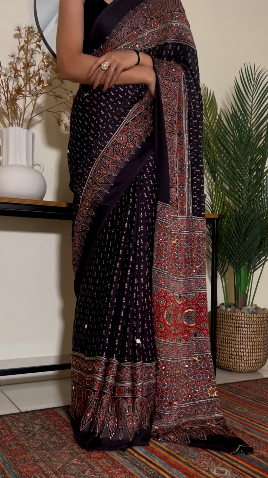 VELVET TRUFFLE - Pure Modal Ajrakh Hand Embroidered Saree