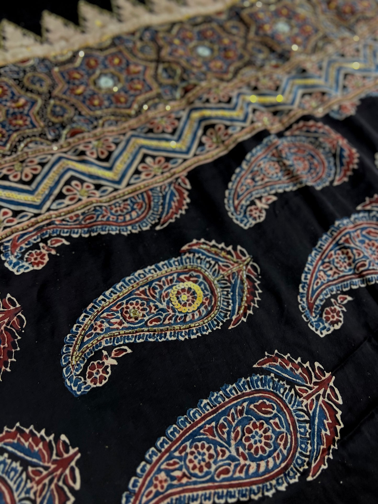 VELVET NIGHT - Pure Modal Ajrakh Hand Embroidered Saree