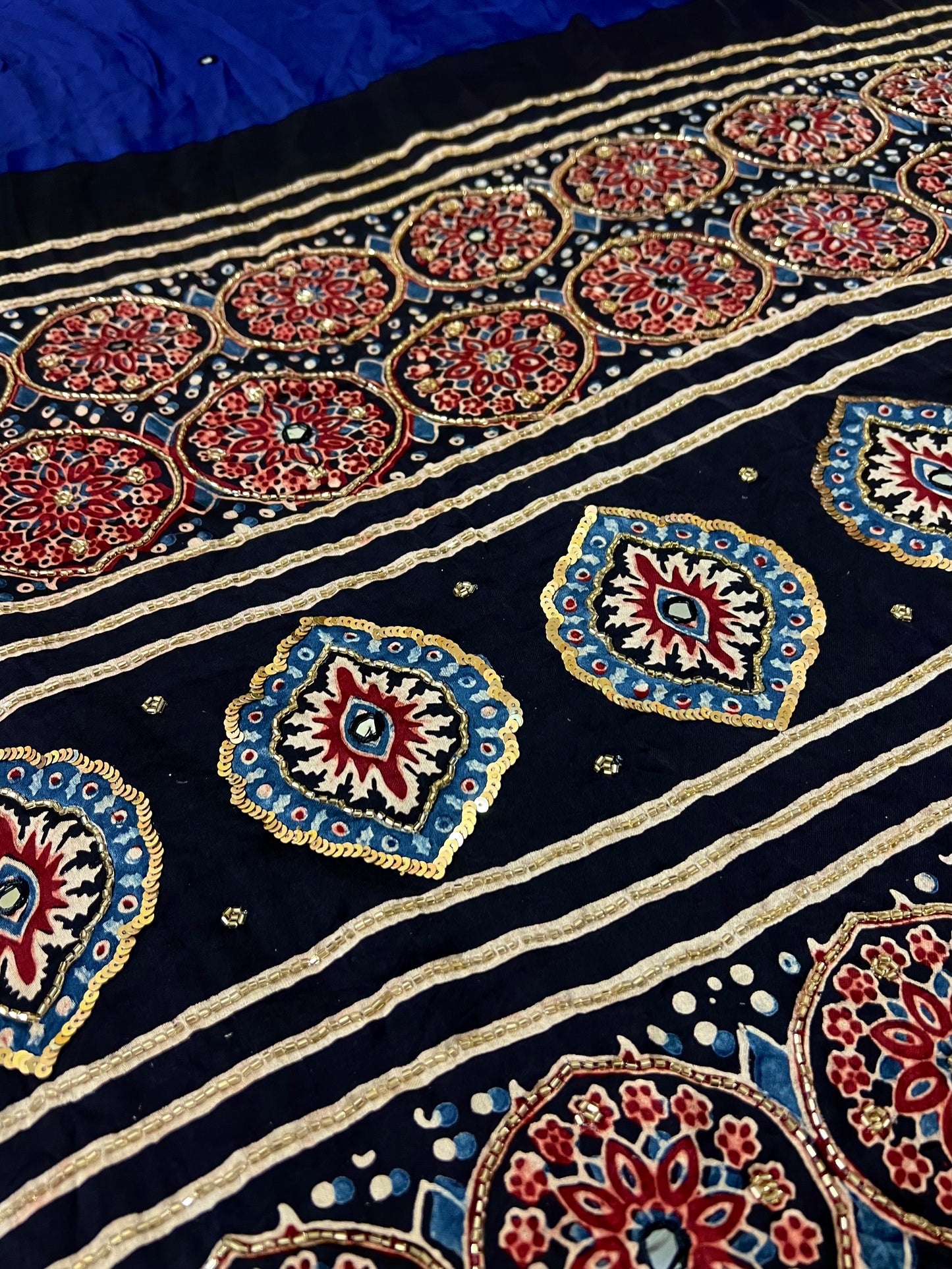 SAPPHIRE ROSE - Pure Modal Ajrakh Hand Embroidered Saree