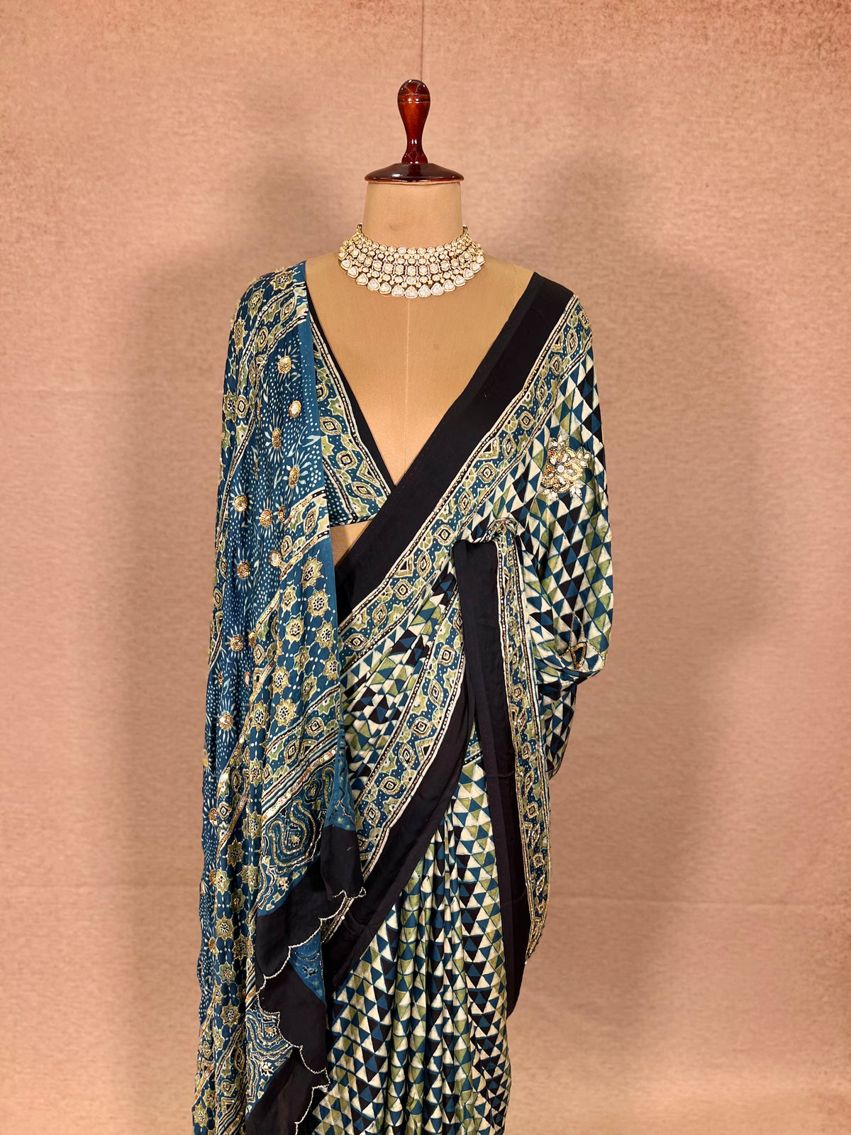 LAGOON DREAM - Pure Modal Ajrakh Hand Embroidered Saree