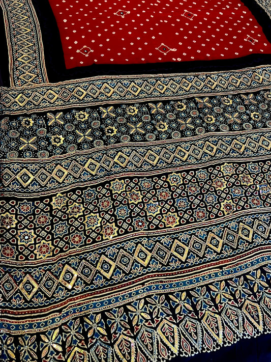 RED ROYALTY - Pure Modal Bandhani Ajrakh Hand Embroidered Saree