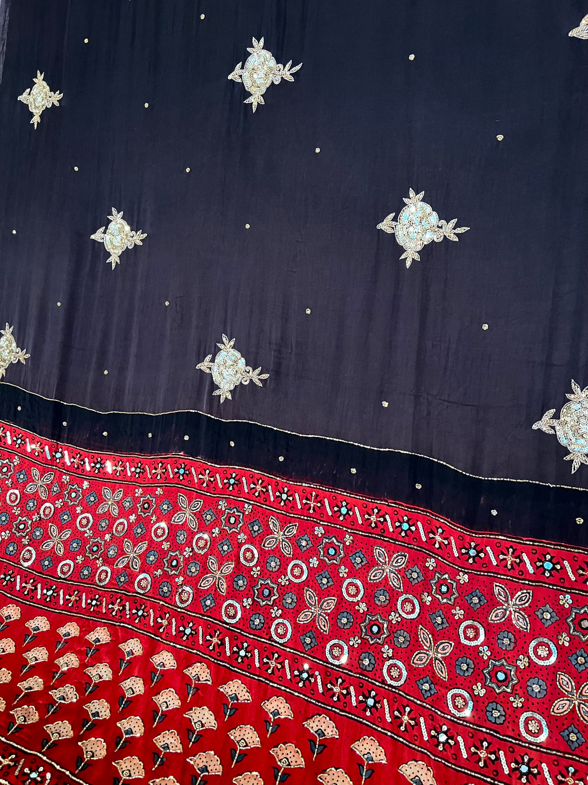 ASTRAL ROSE - Pure Modal Ajrakh Hand Embroidered Saree