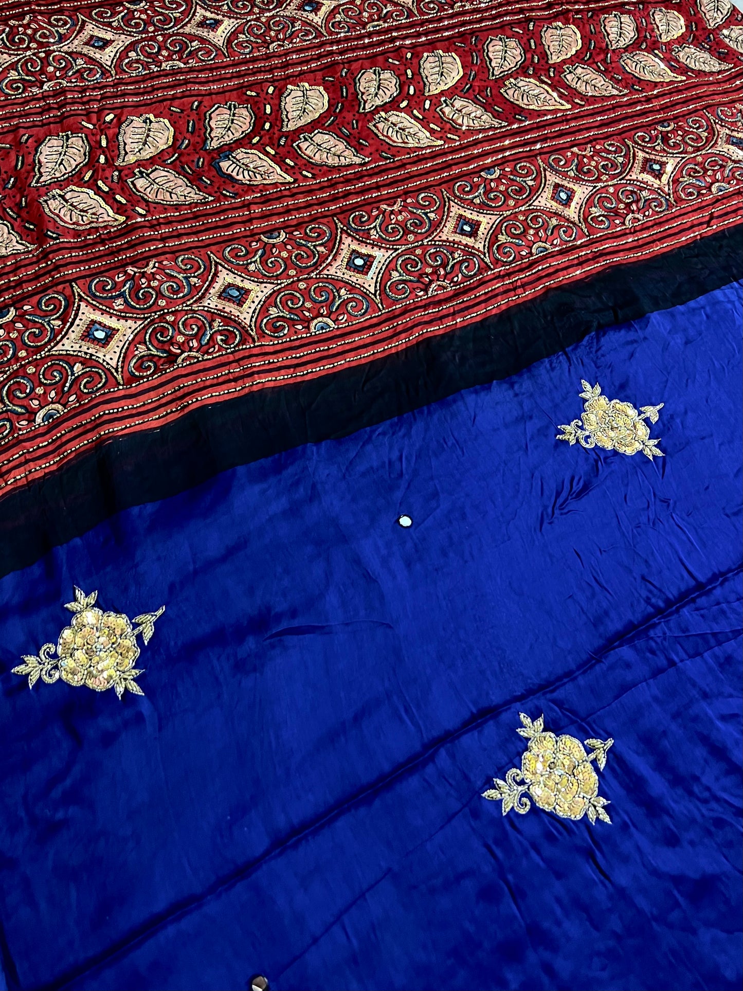 ROYAL ROSE - Pure Modal Ajrakh Hand Embroidered Saree