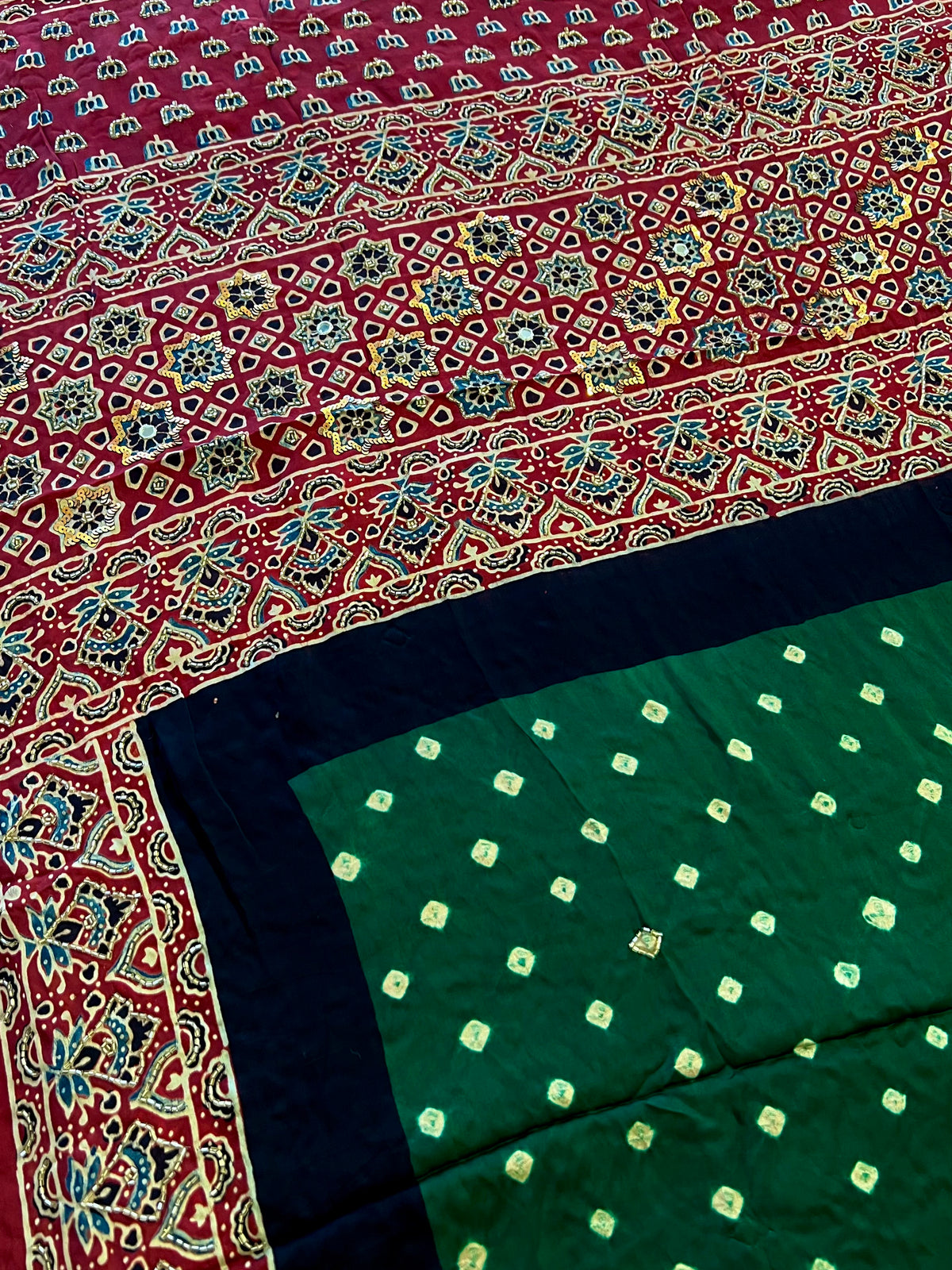 GREEN ROYALTY - Pure Modal Bandhani Ajrakh Hand Embroidered Saree