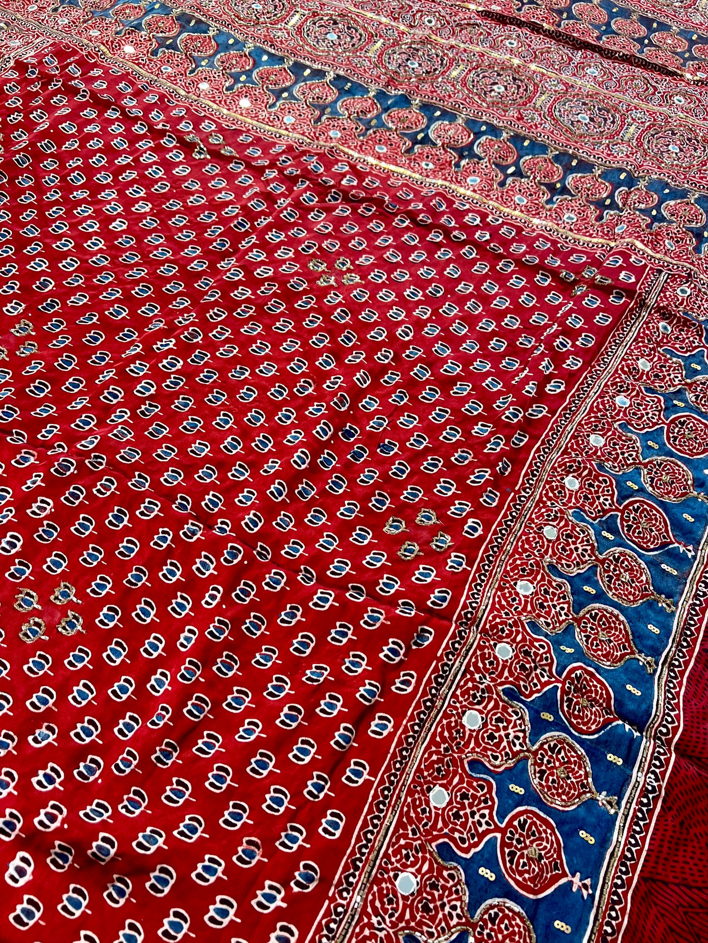CRIMSON LOTUS - Pure Modal Ajrakh Hand Embroidered Saree