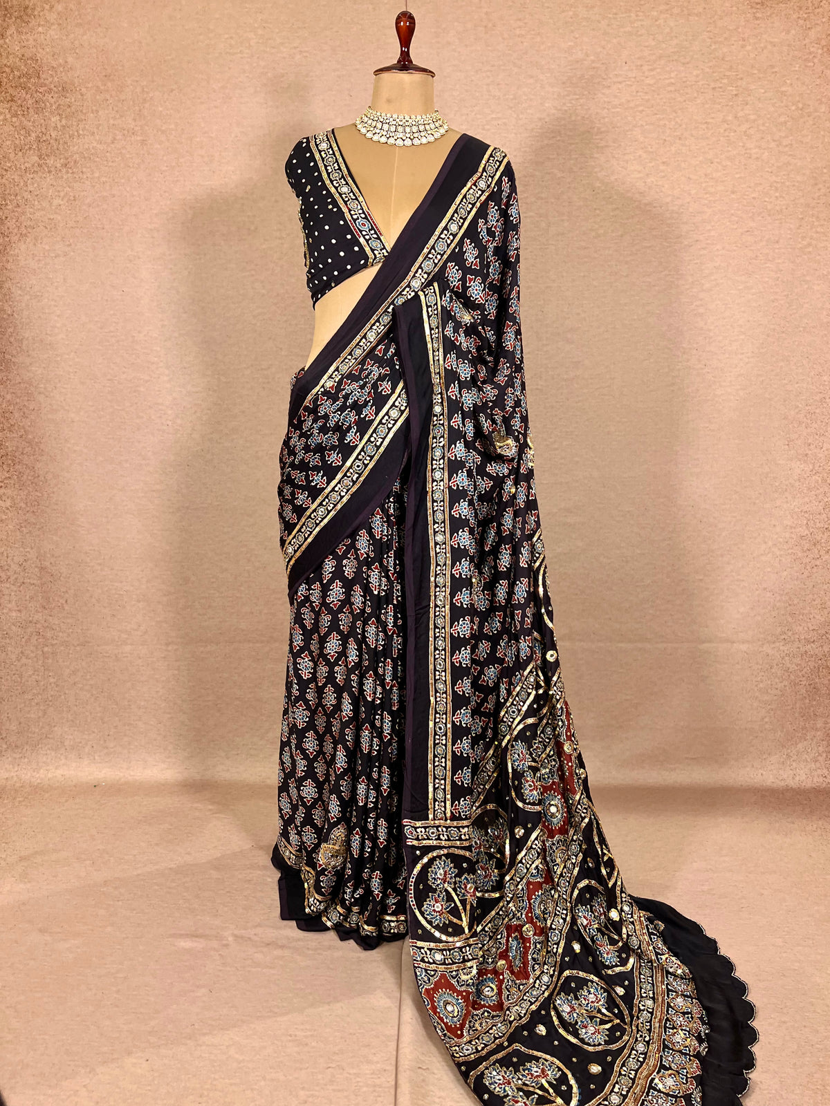 SPARKLE BLOOM - Pure Modal Ajrakh Hand Embroidered Saree