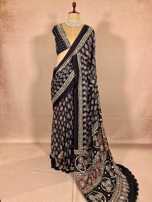 SPARKLE BLOOM - Pure Modal Ajrakh Hand Embroidered Saree