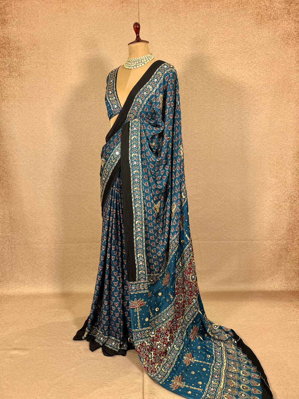 DIVINE SPARKLE - Pure Modal Ajrakh Hand Embroidered Saree