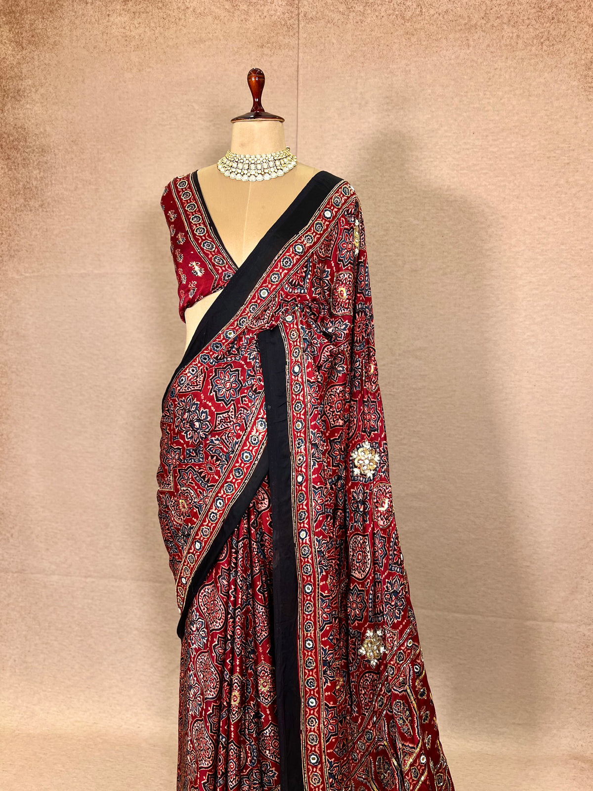 CARMINE MUSE - Pure Modal Ajrakh Hand Embroidered Saree