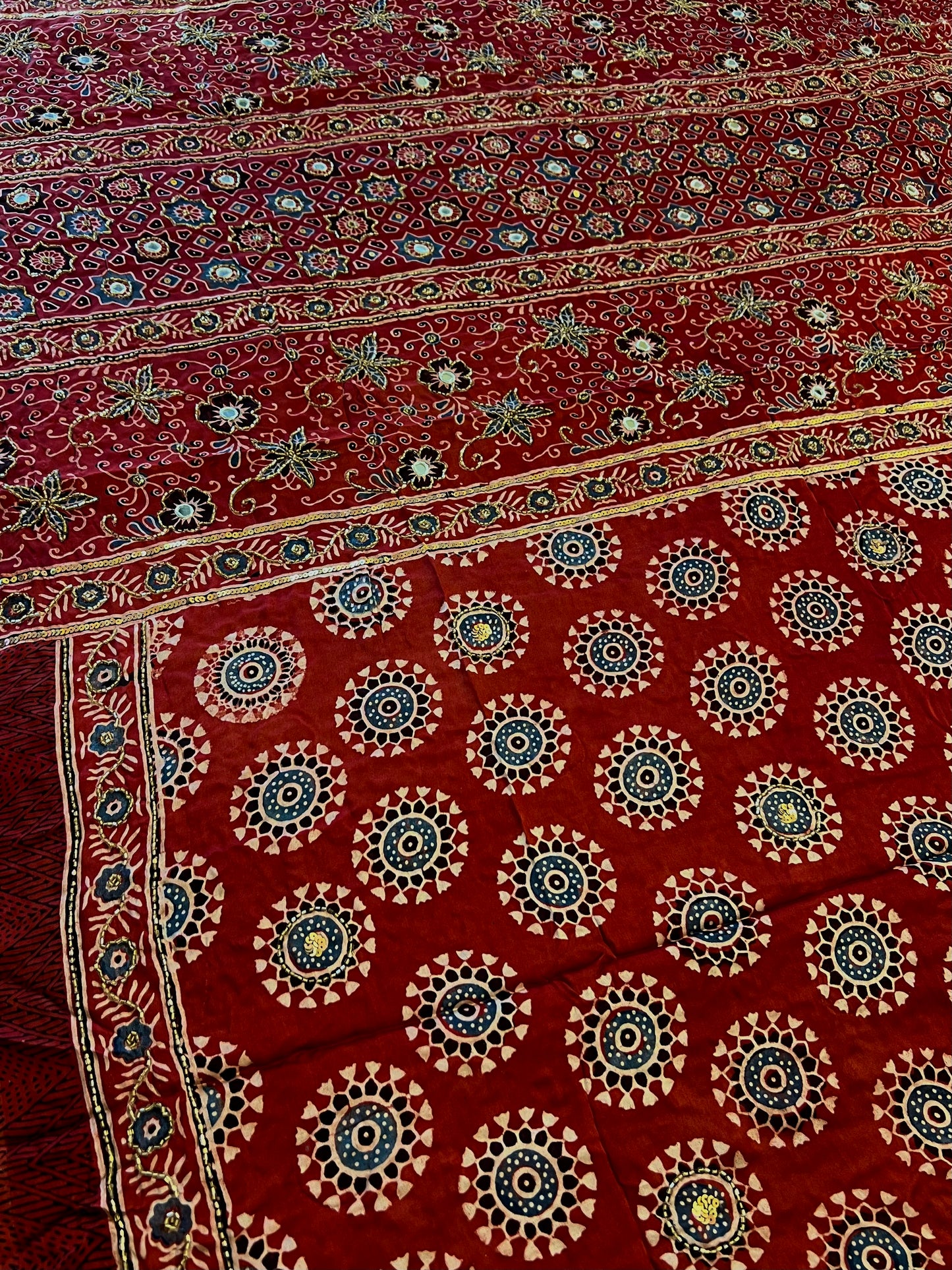 GARNET BLOOM - Pure Modal Ajrakh Hand Embroidered Saree