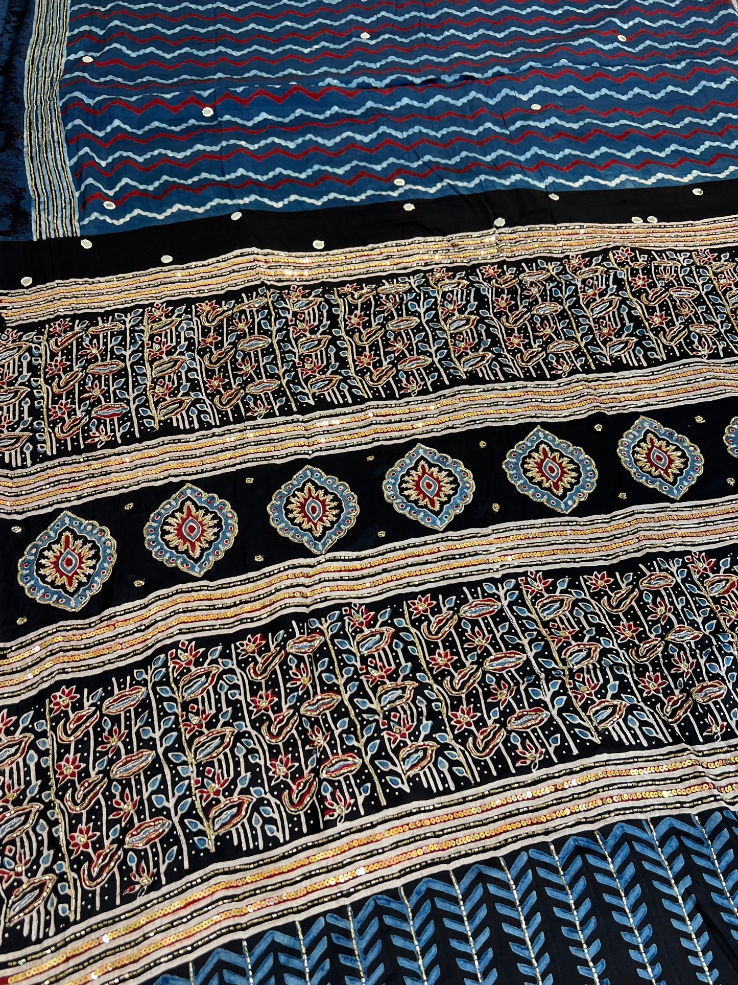 BLUE MIRAGE - Pure Modal Ajrakh Hand Embroidered Saree