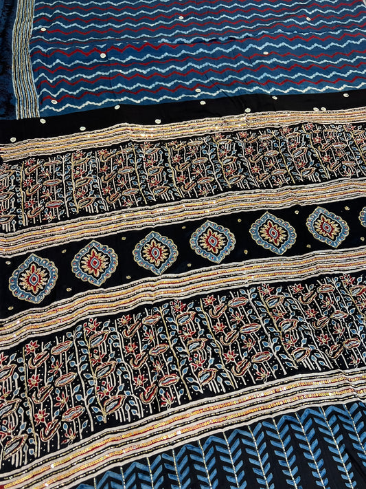 BLUE MIRAGE - Pure Modal Ajrakh Hand Embroidered Saree