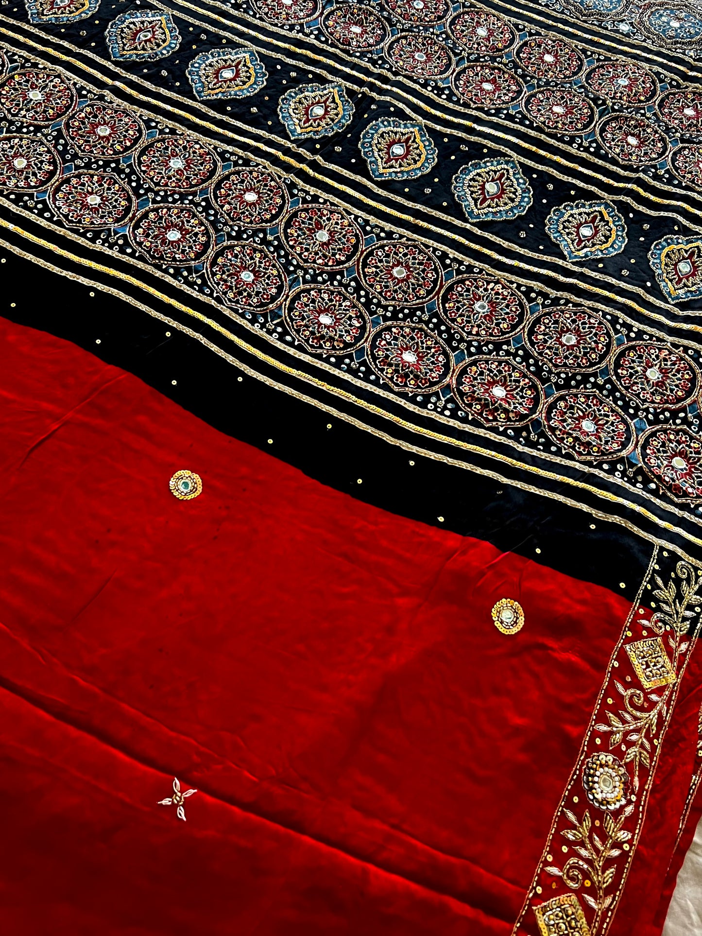 RED ROMANCE - Pure Modal Ajrakh Hand Embroidered Saree