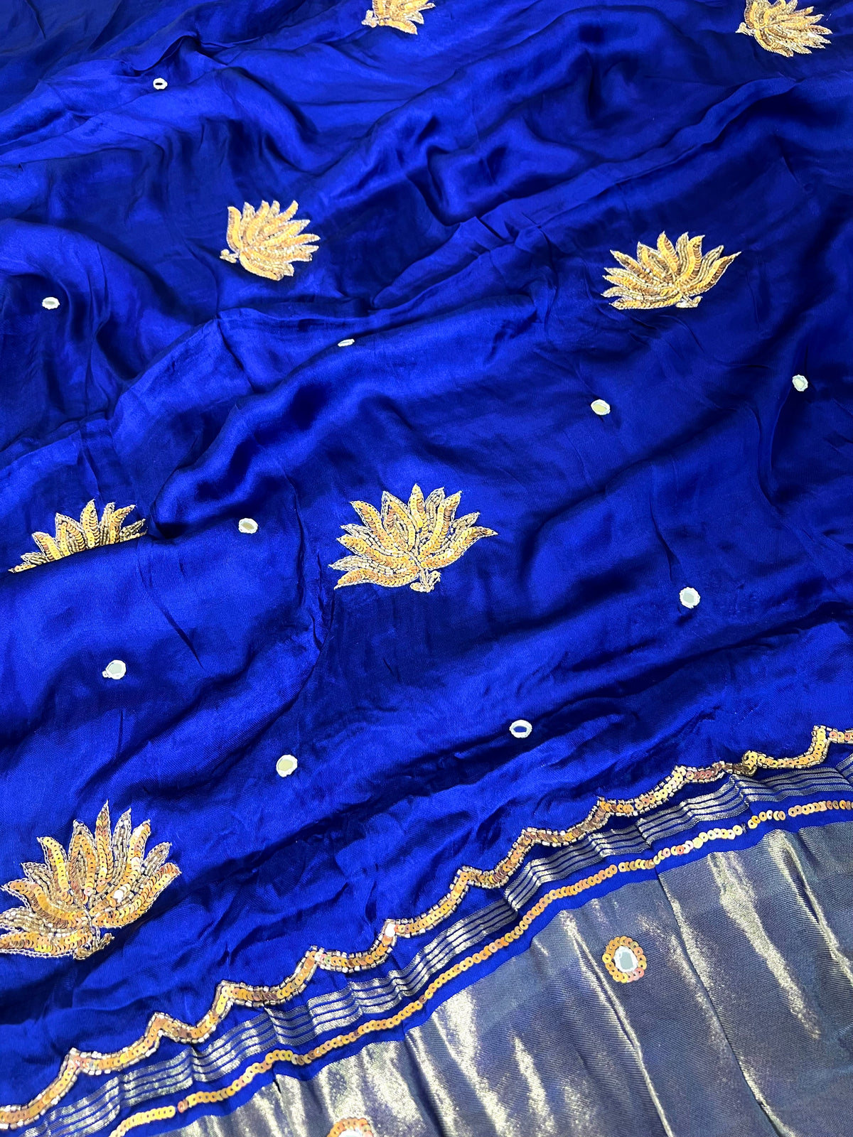 SAPPHIRE LOTUS - Pure Modal Hand Embroidered Saree with Tassels