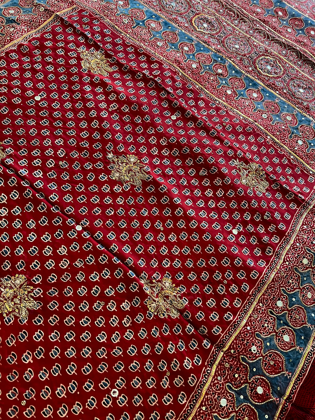 SECRET GARDEN - Pure Modal Ajrakh Hand Embroidered Saree