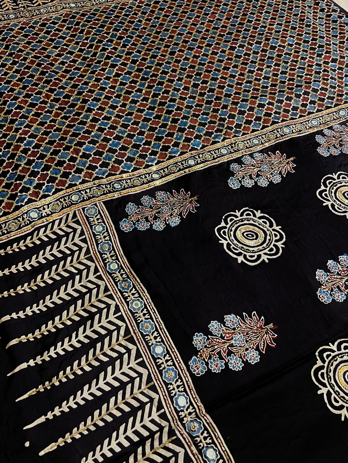 NIGHT BLOSSOM - Pure Modal Ajrakh Hand Embroidered Saree