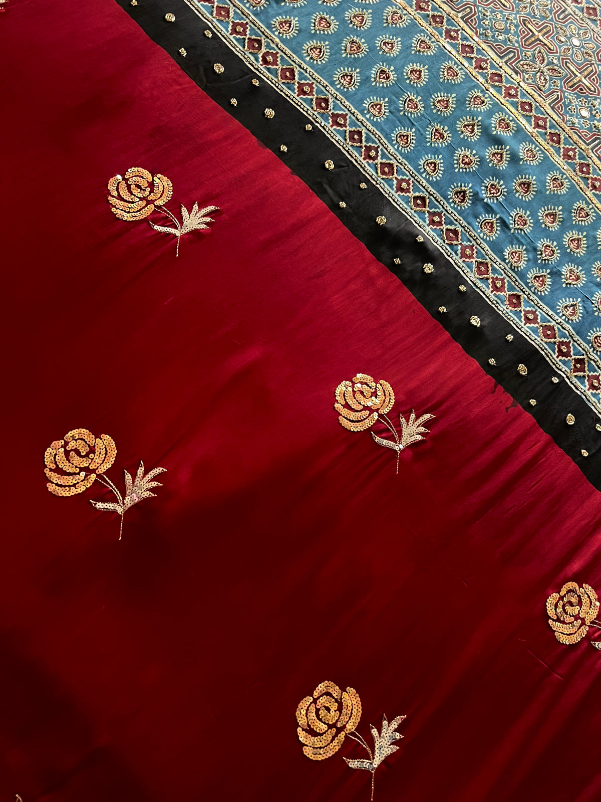 DESIRE ROSE - Pure Modal Ajrakh Hand Embroidered Saree