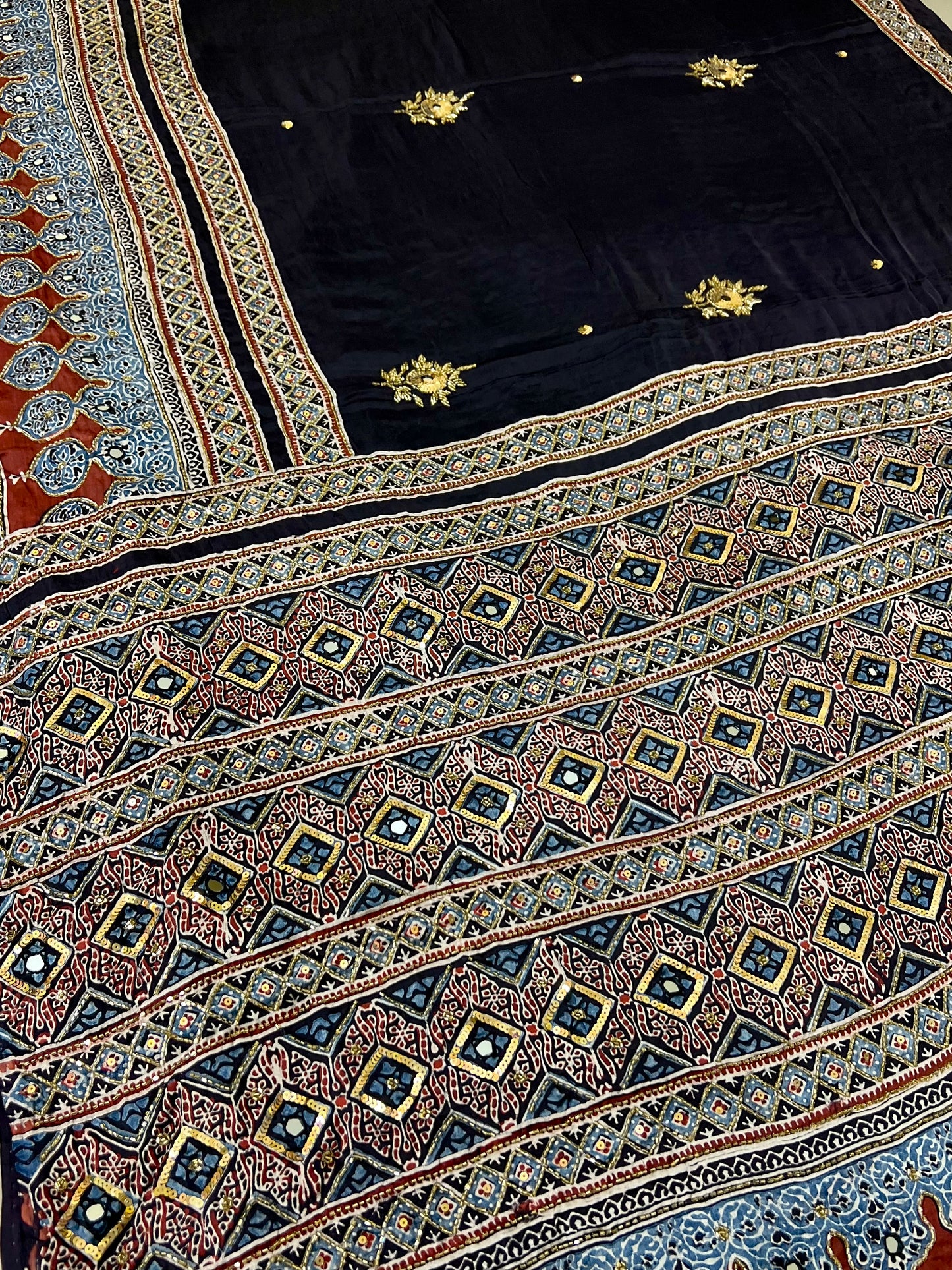 MIDNIGHT LUXE - Pure Modal Ajrakh Hand Embroidered Saree