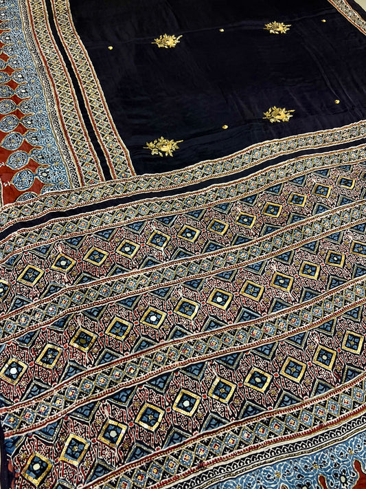 MIDNIGHT LUXE - Pure Modal Ajrakh Hand Embroidered Saree