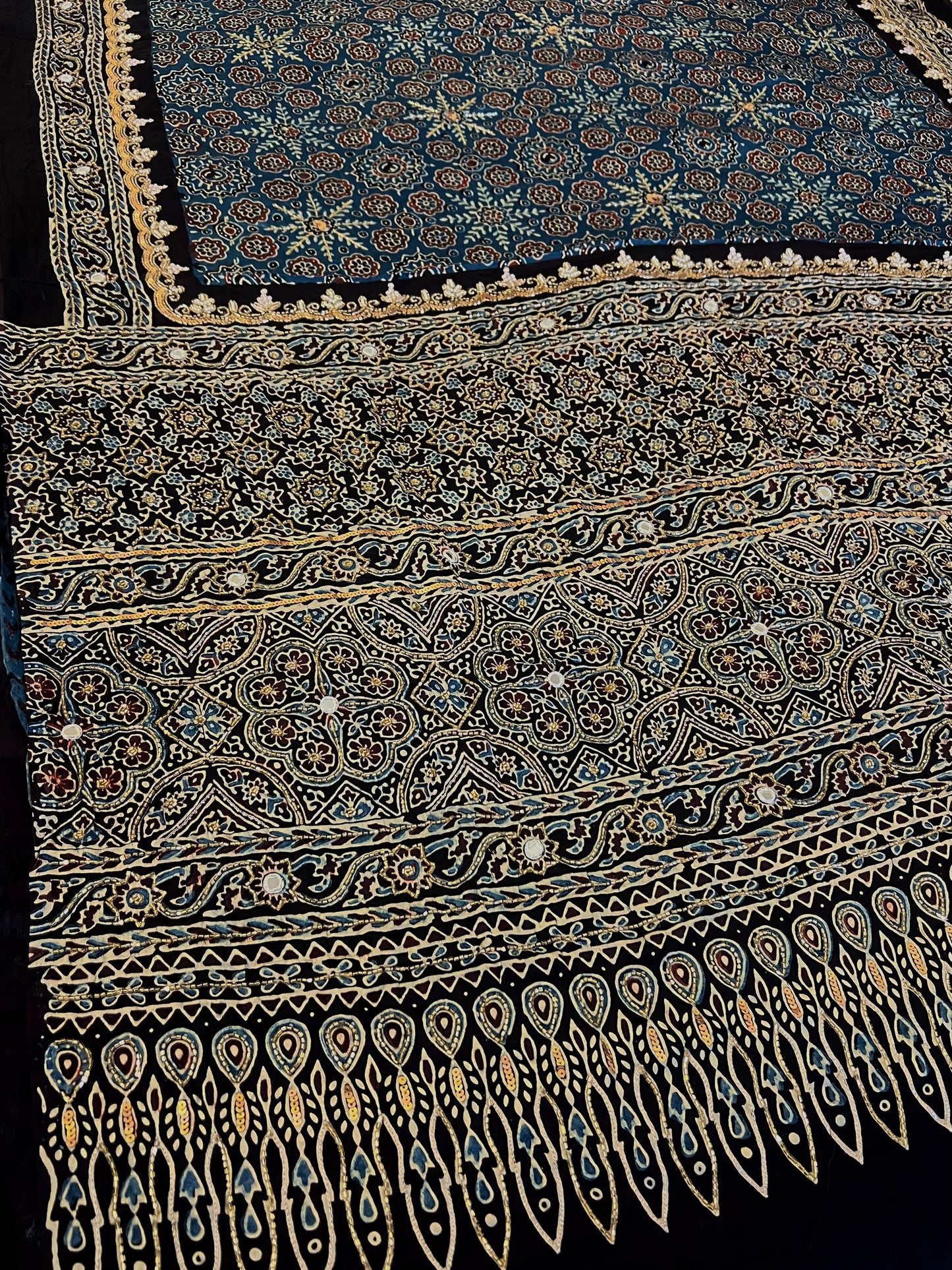OCEAN MIST - Pure Modal Ajrakh Hand Embroidered Saree