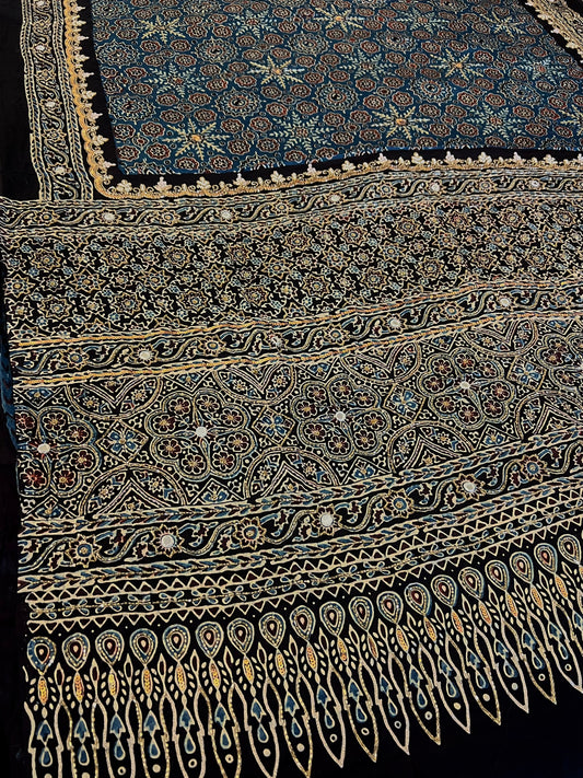 OCEAN MIST - Pure Modal Ajrakh Hand Embroidered Saree