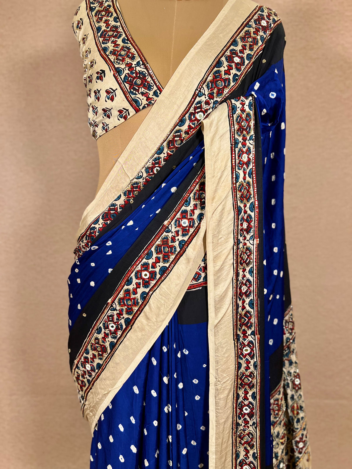 BLUE ROYALTY - Pure Modal Bandhani Ajrakh Hand Embroidered Saree