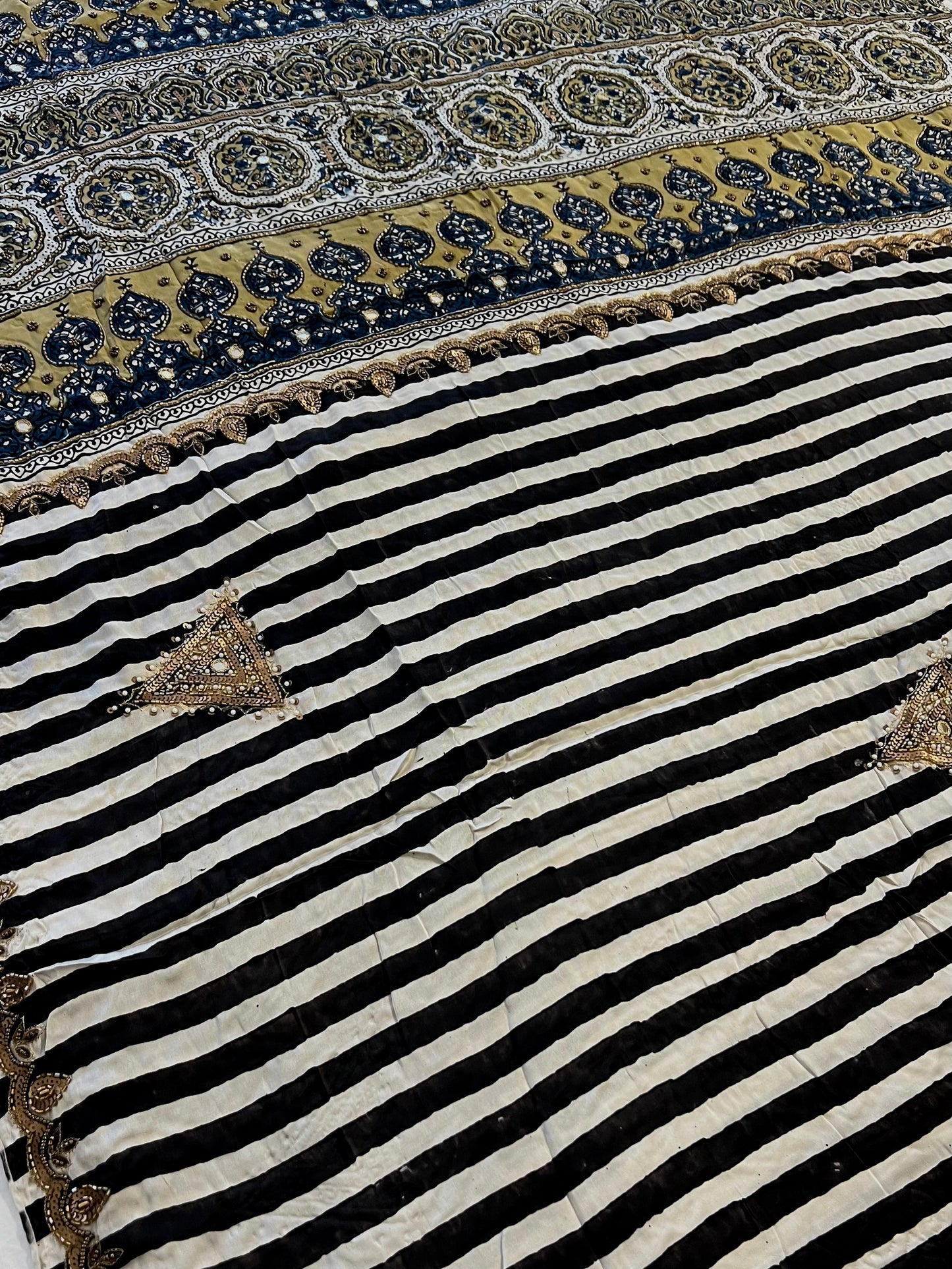 REGAL STRIPES - Pure Modal Ajrakh Hand Embroidered Saree