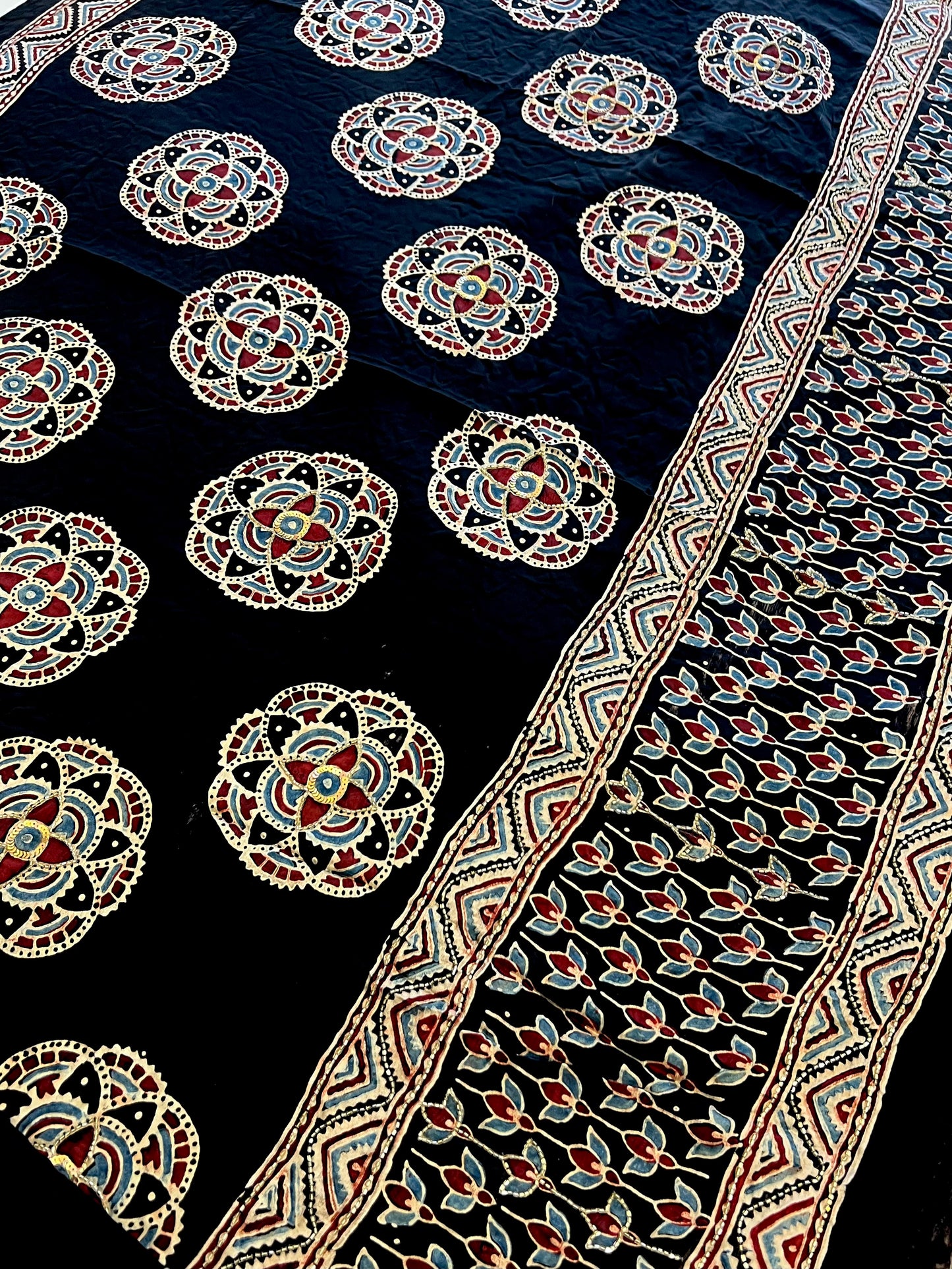 NIGHT LILY - Pure Modal Ajrakh Hand Embroidered Saree