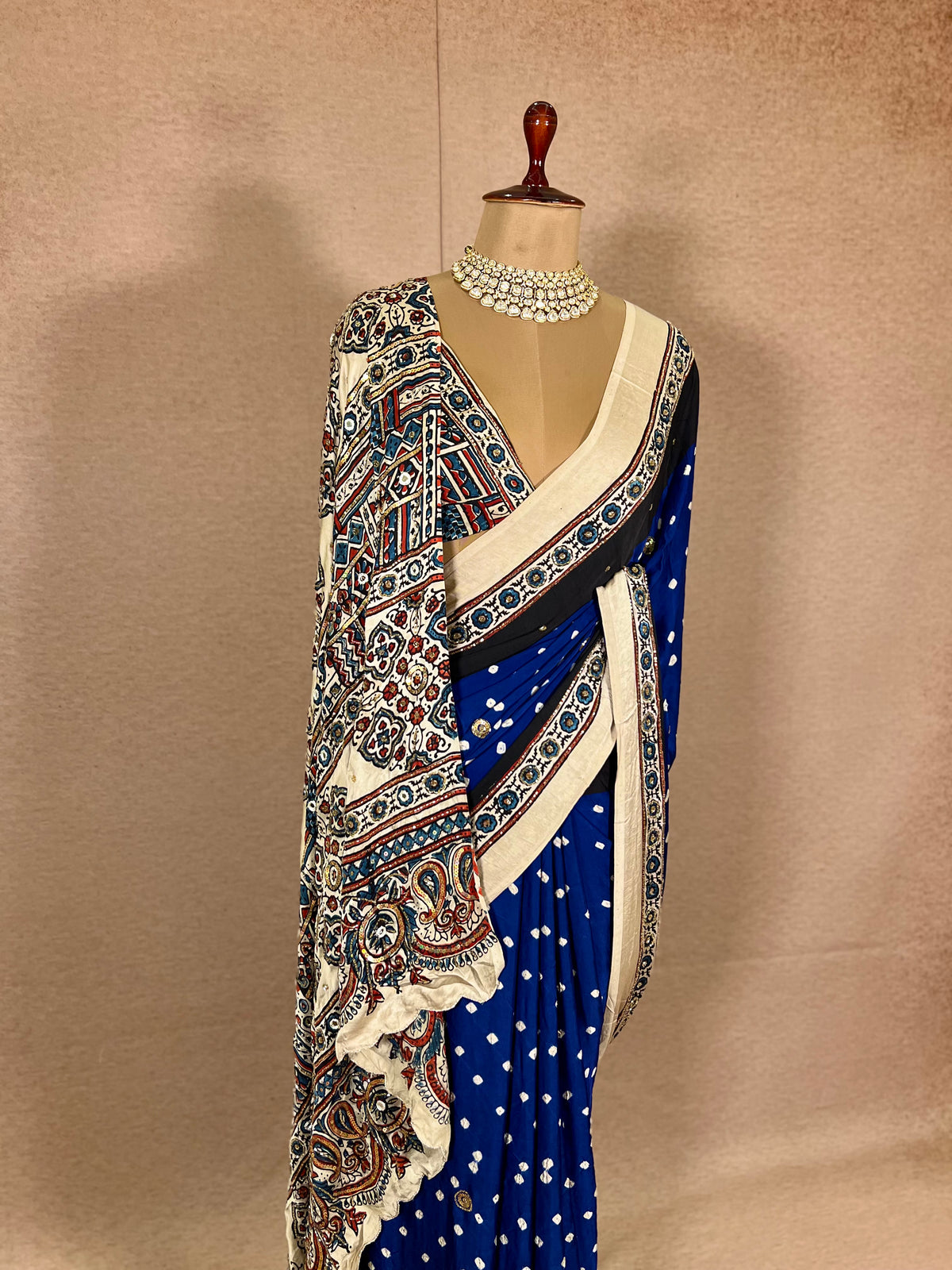 BLUE GRANDUER - Pure Modal Bandhani Ajrakh Hand Embroidered Saree
