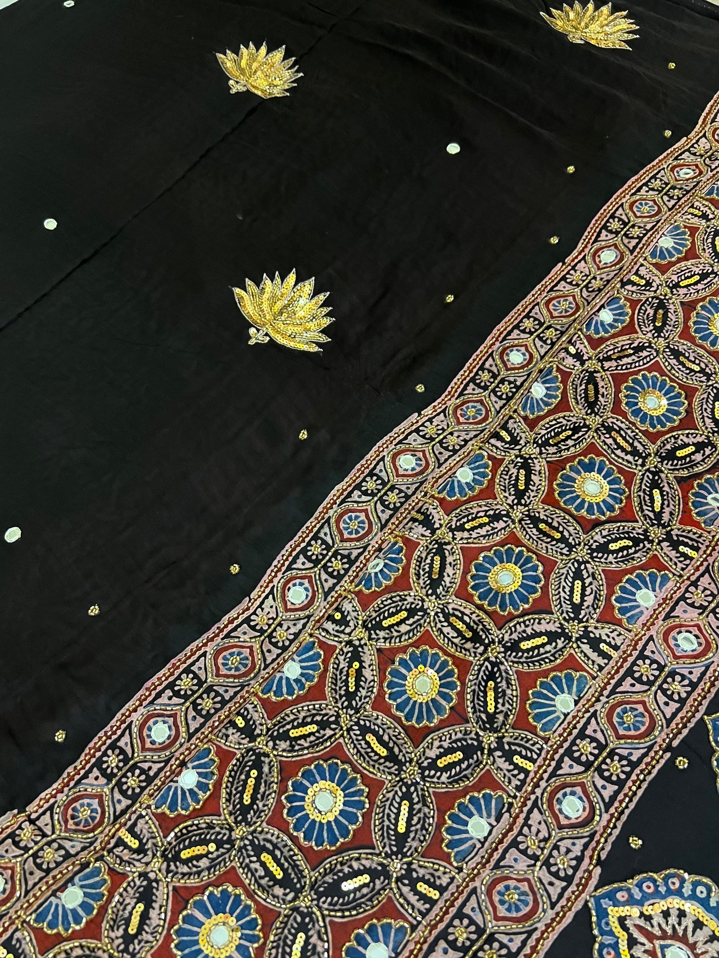 MYSTIC LOTUS - Pure Modal Ajrakh Hand Embroidered Saree