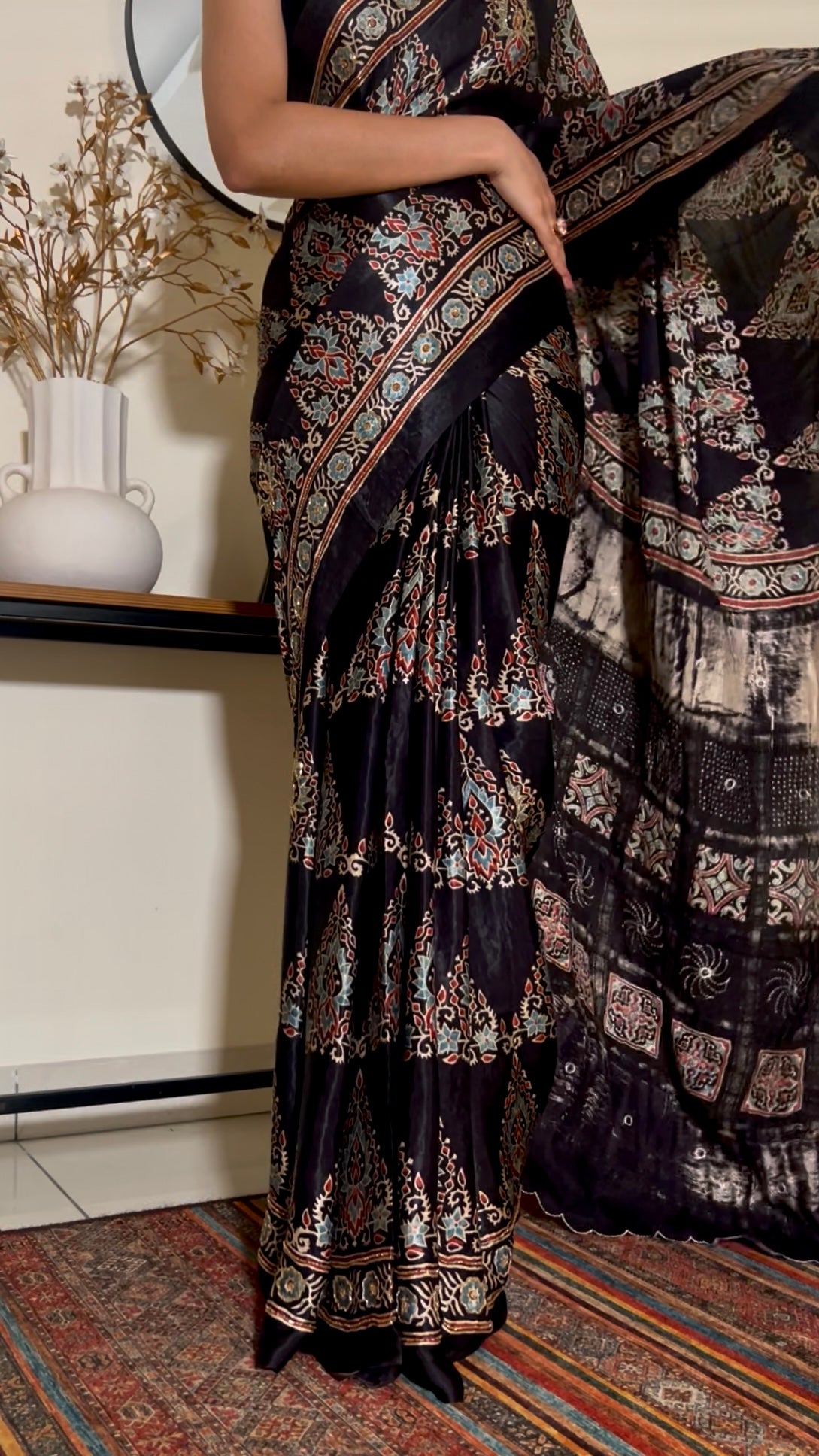 REGAL BLACK - Pure Modal Ajrakh Hand Embroidered Saree