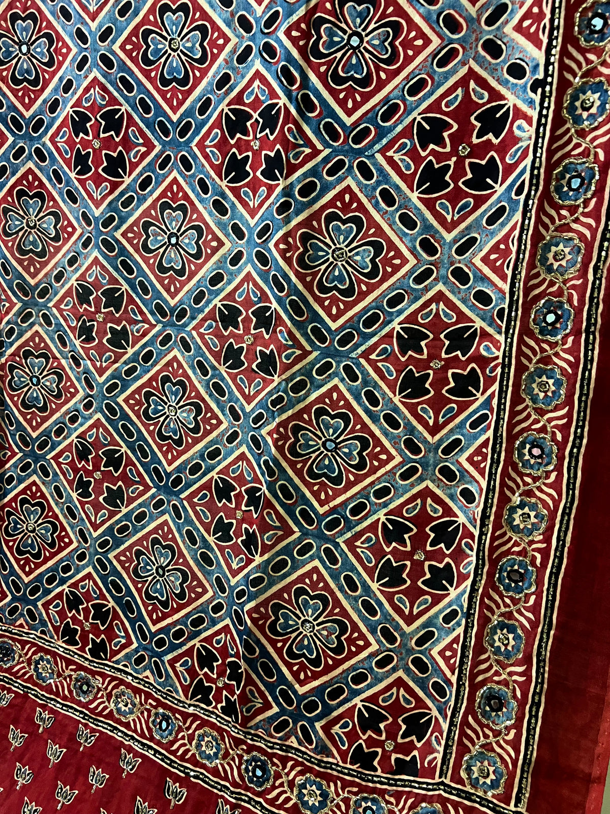 CRIMSON JEWEL DUPATTA - Pure Modal Ajrakh Hand Embroidered Dupatta