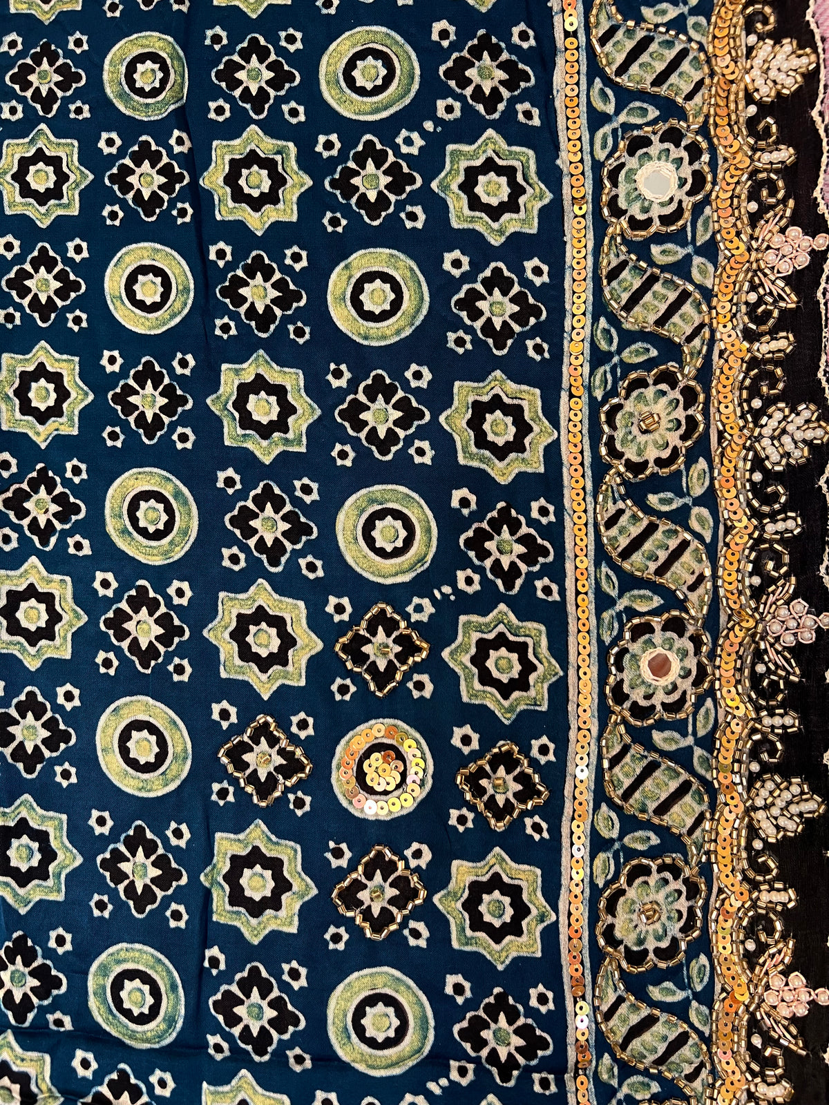 AQUAMARINE MUSE - Pure Modal Ajrakh Hand Embroidered Saree