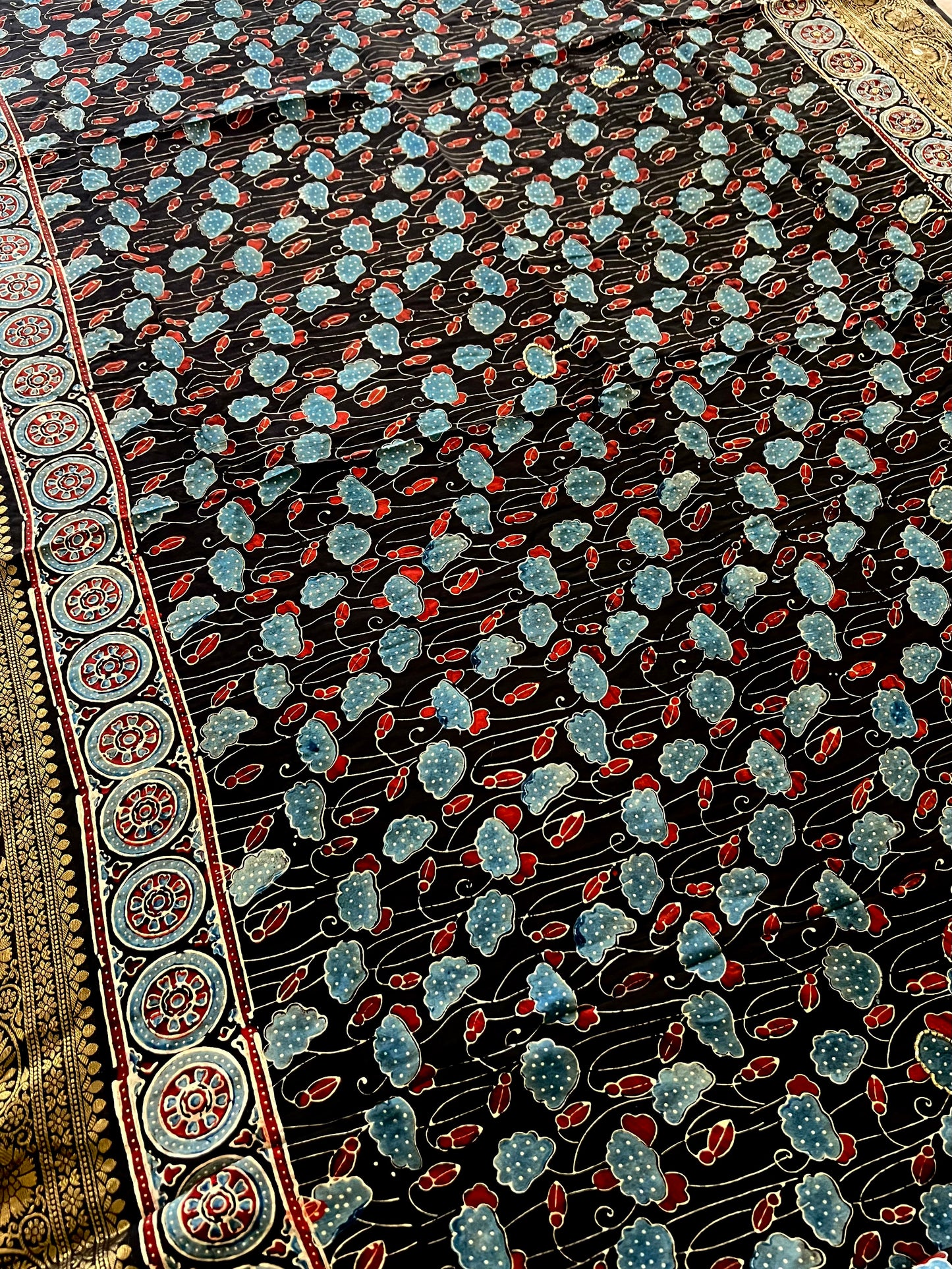 NOIR RADIANCE - Pure Dola Ajrakh Hand Embroidered Saree