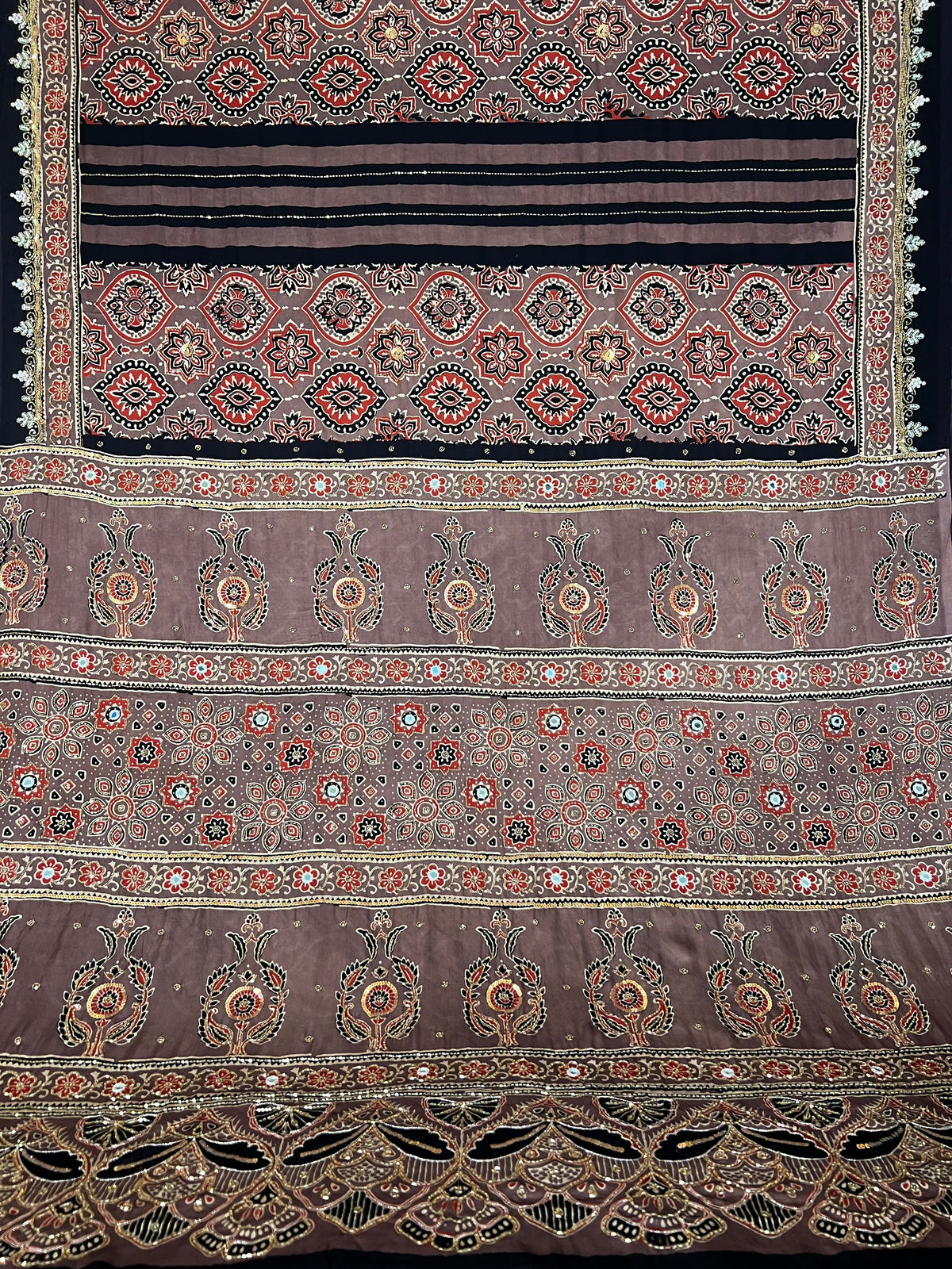CHESTNUT DREAM - Pure Modal Ajrakh Hand Embroidered Saree