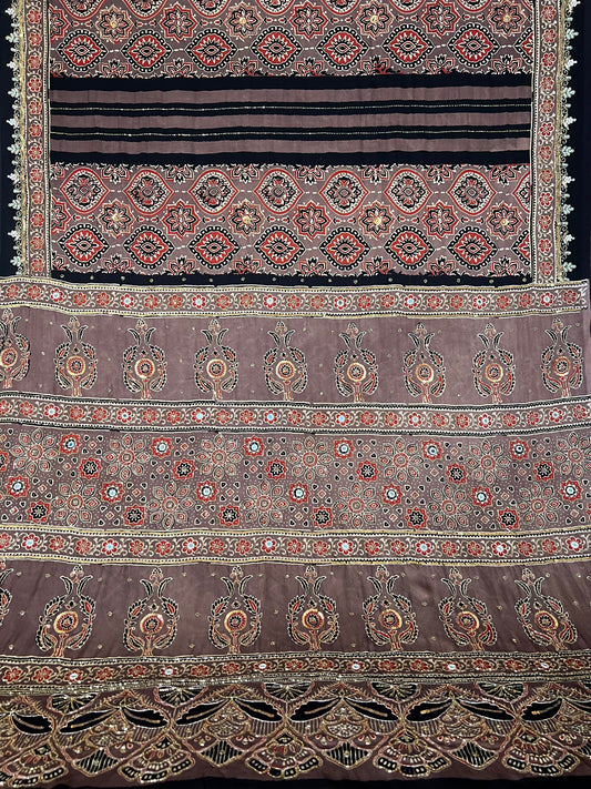 CHESTNUT DREAM - Pure Modal Ajrakh Hand Embroidered Saree