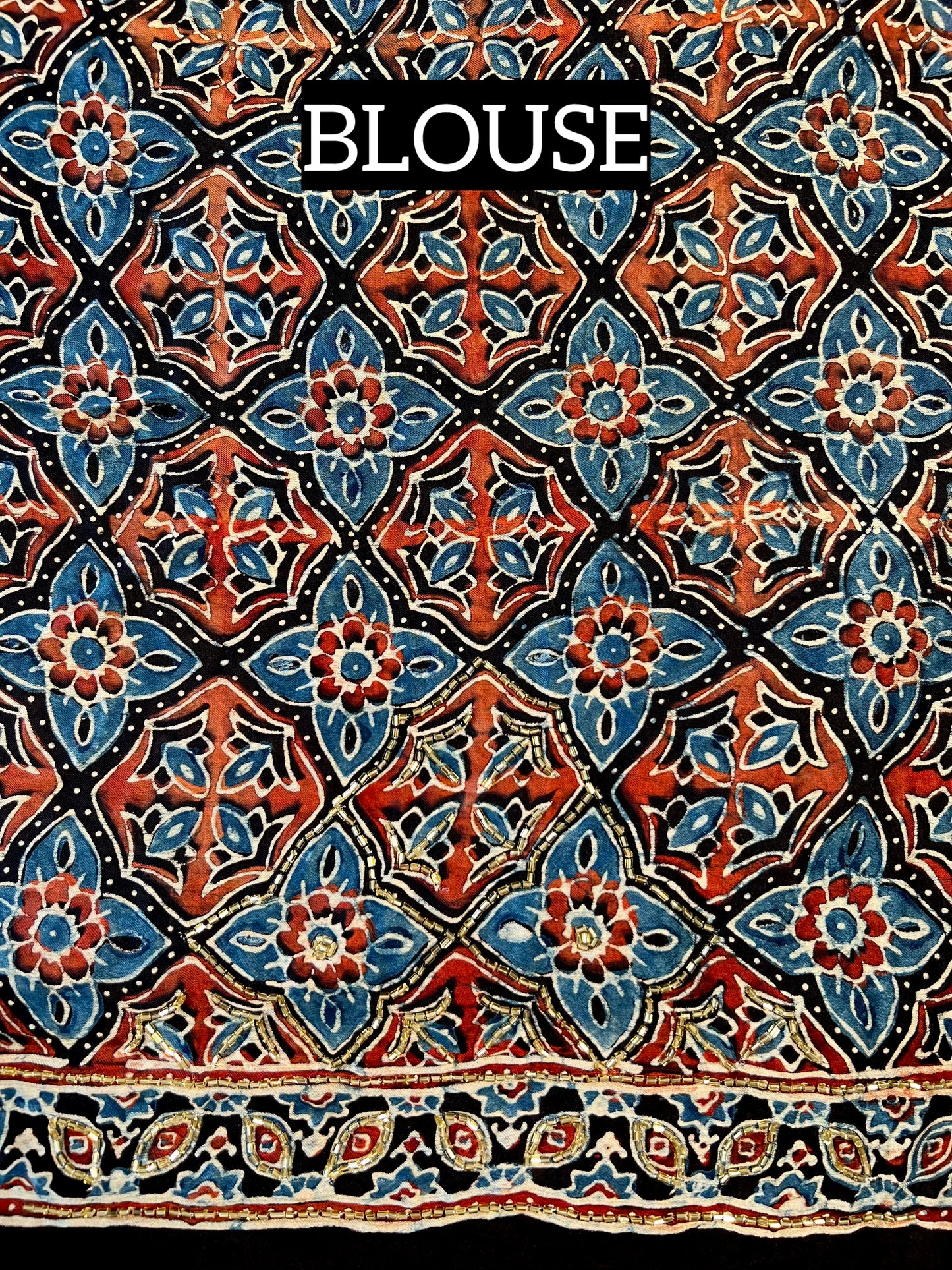 COBALT BLOOM - Pure Modal Ajrakh Hand Embroidered Saree