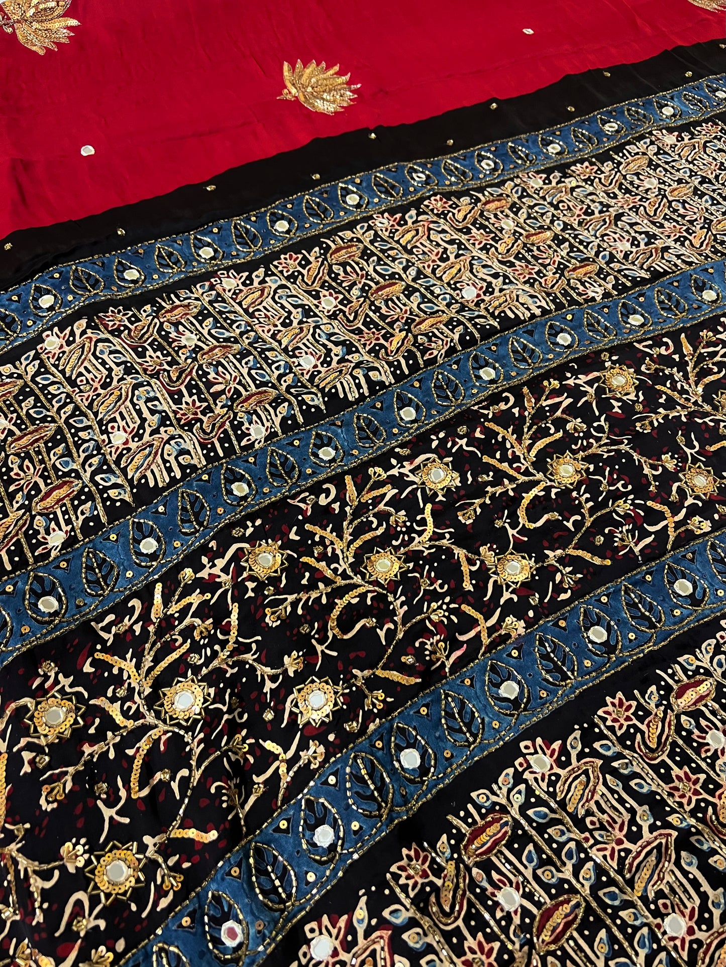 VERMILLION LOTUS - Pure Modal Ajrakh Hand Embroidered Saree