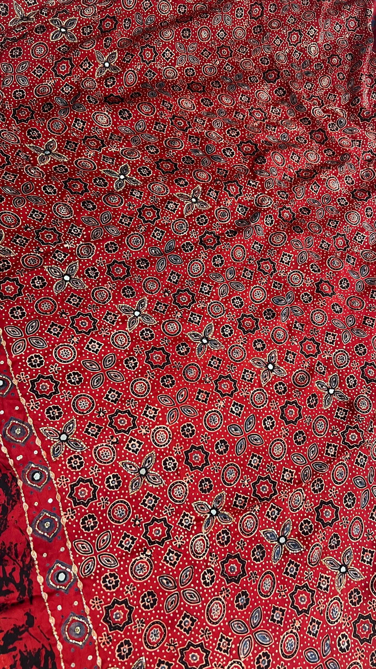 Red Pure Modal Ajrakh Hand Embroidered Saree