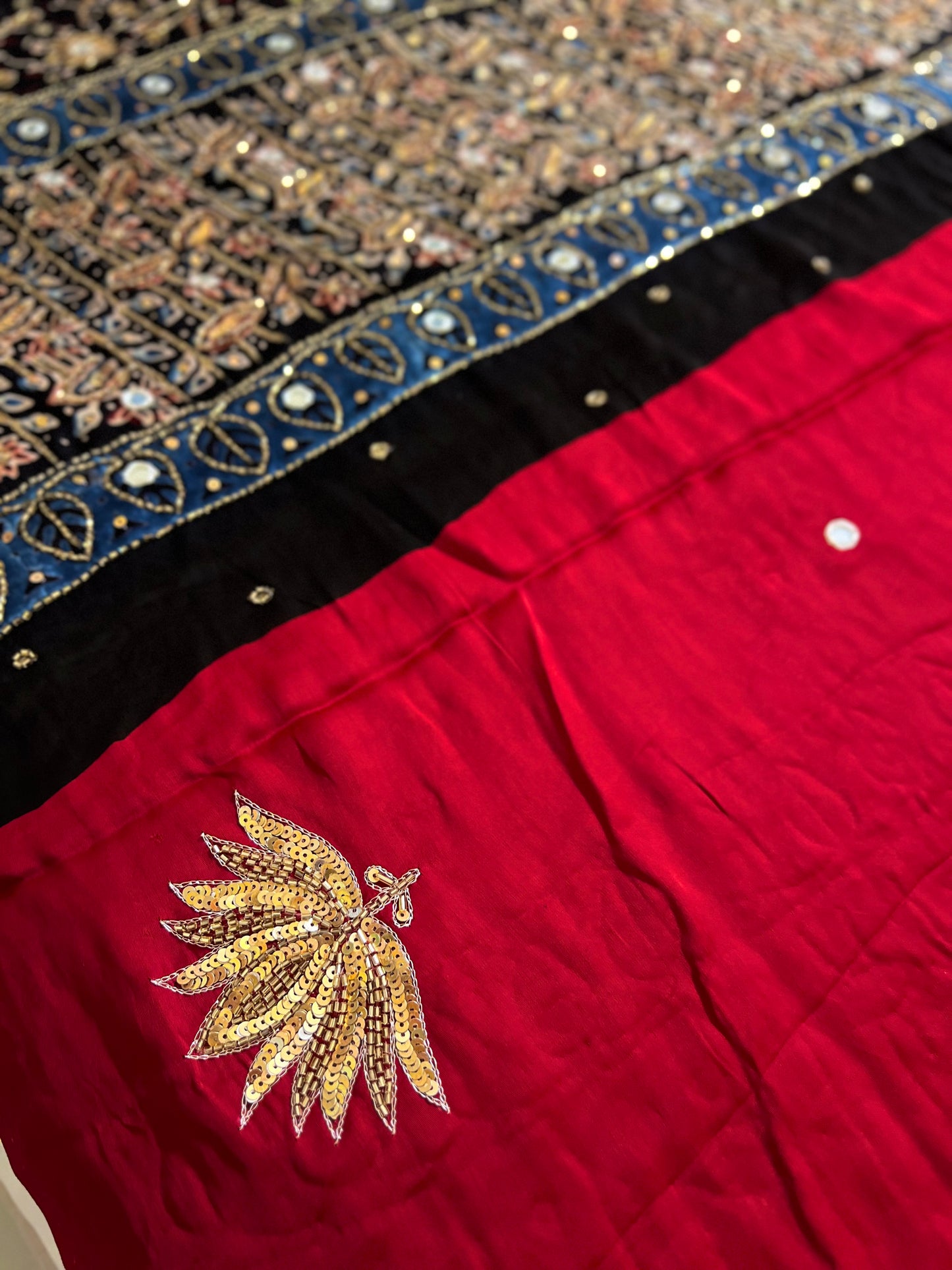 VERMILLION LOTUS - Pure Modal Ajrakh Hand Embroidered Saree