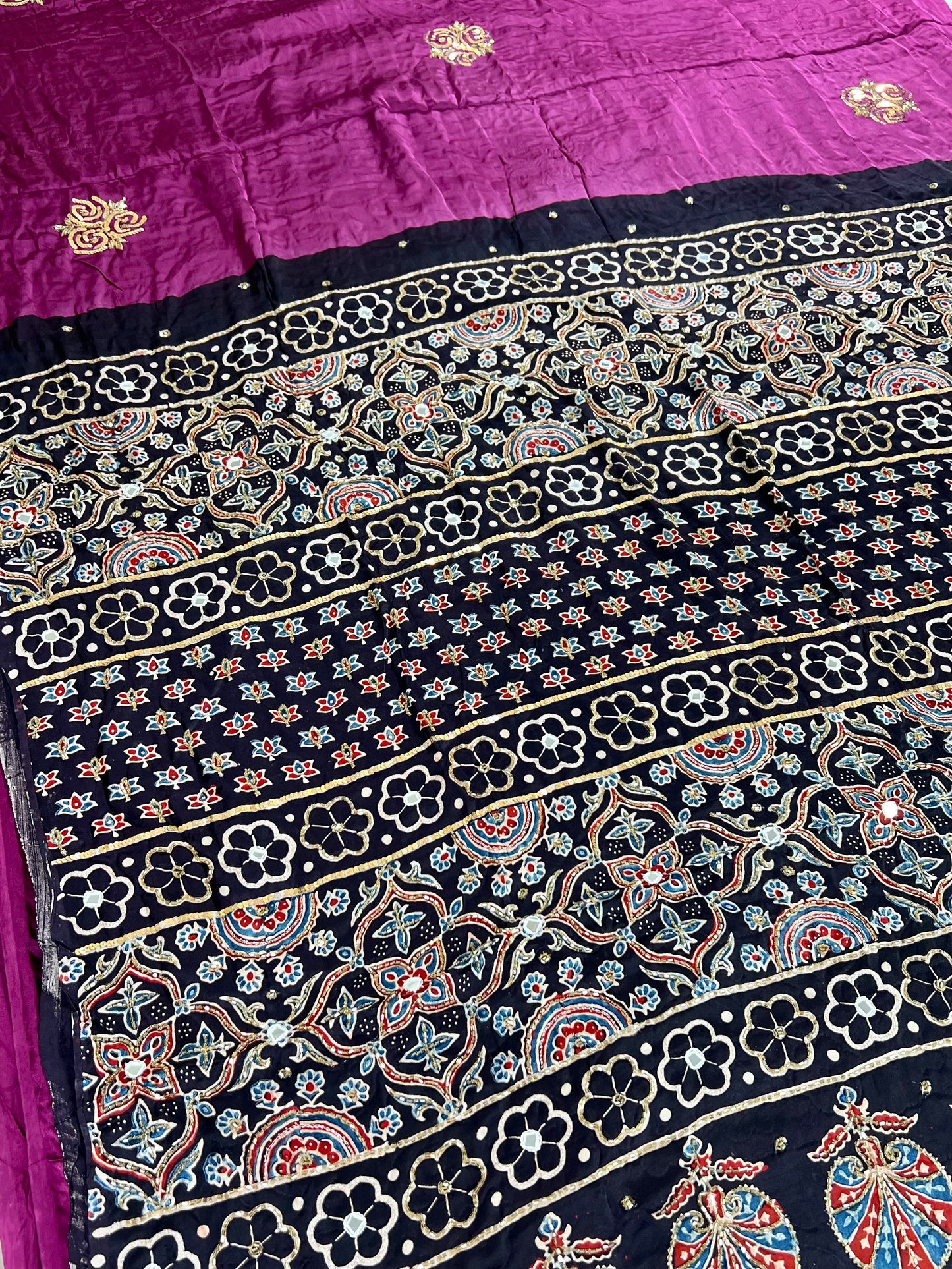 PLUM ROSE - Pure Modal Ajrakh Hand Embroidered Saree