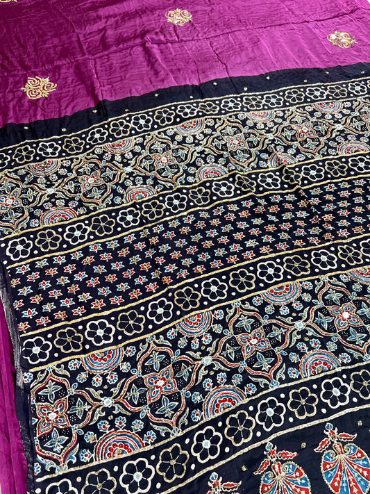 PLUM ROSE - Pure Modal Ajrakh Hand Embroidered Saree