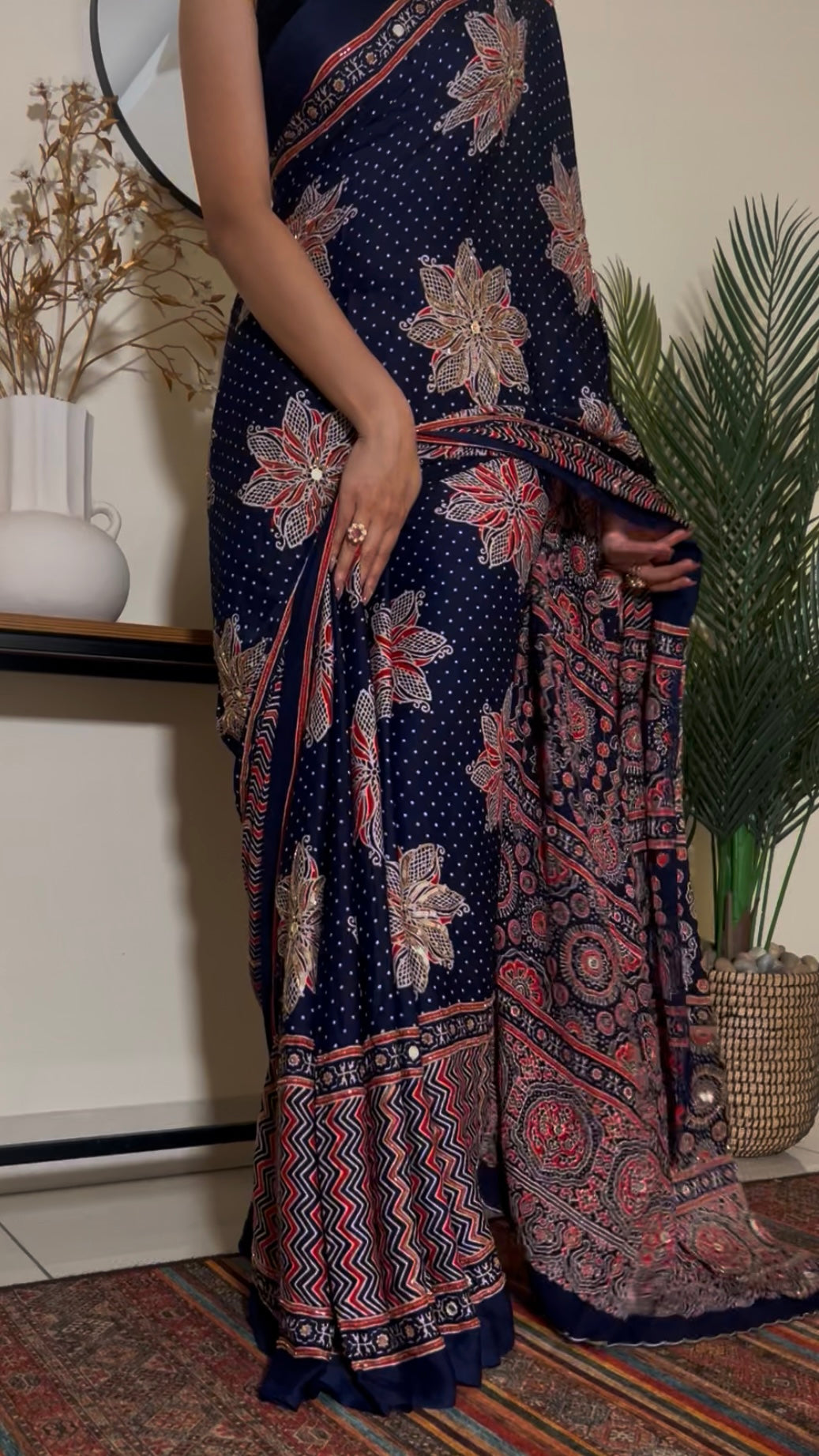MIDNIGHT BLOSSOM - Pure Modal Ajrakh Hand Embroidered Saree