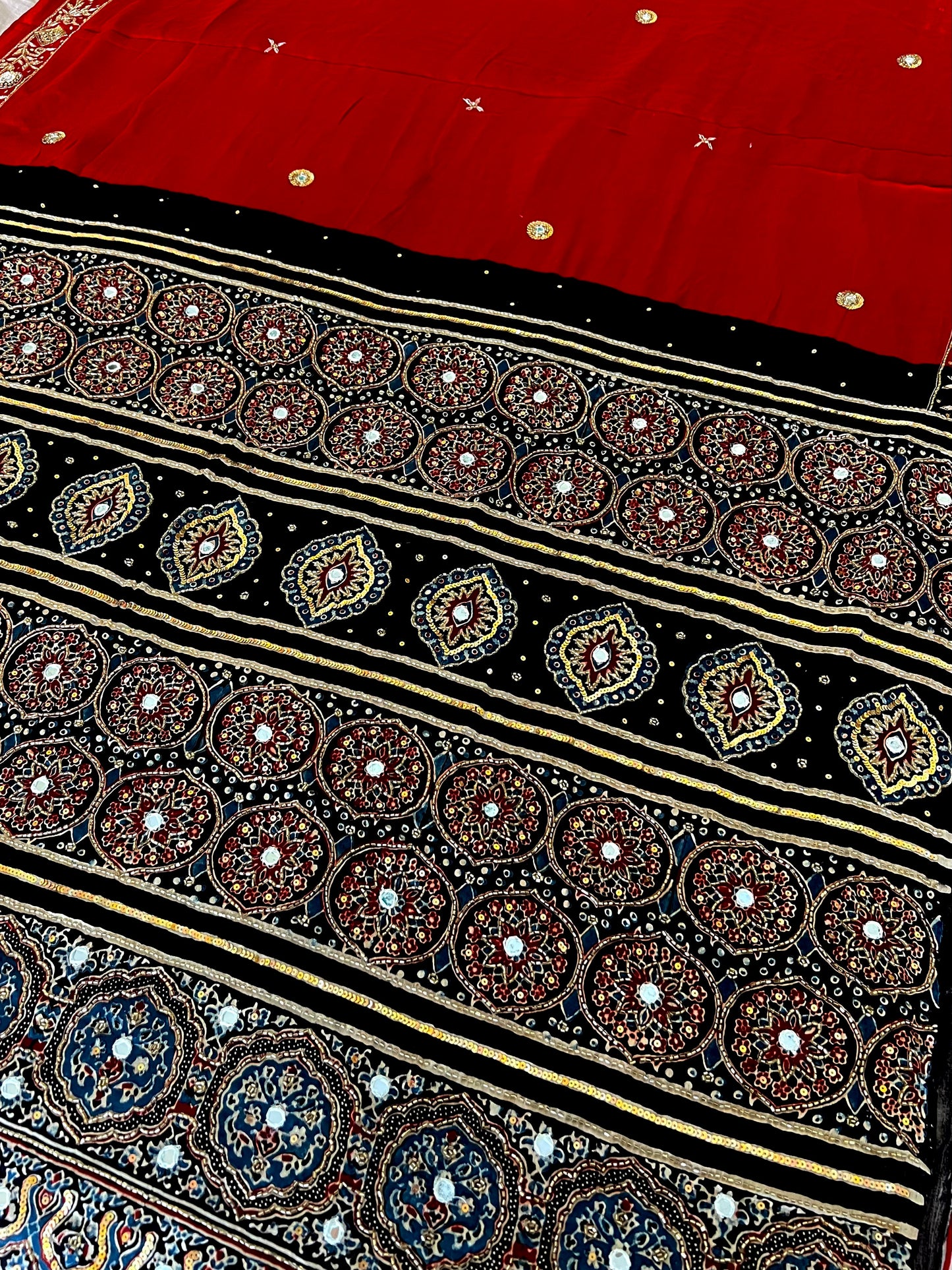 RED ROMANCE - Pure Modal Ajrakh Hand Embroidered Saree